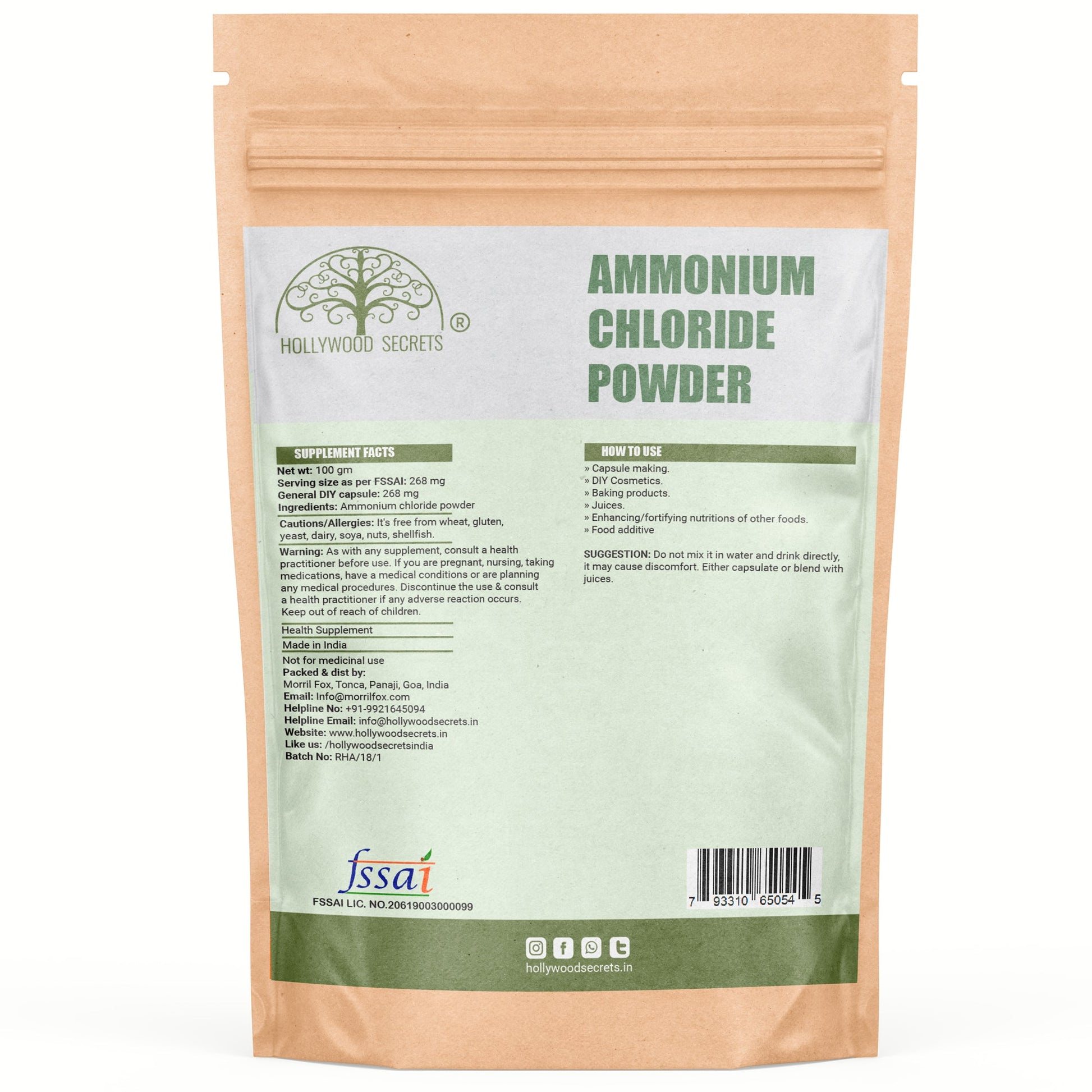 Ammonium Chloride Powder 100 gm Pharma Grade Hollywood Secrets