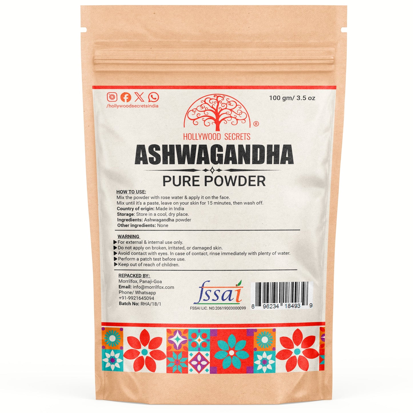 Pure Herb Ashwagandha Powder (100Gms) Hollywood Secrets