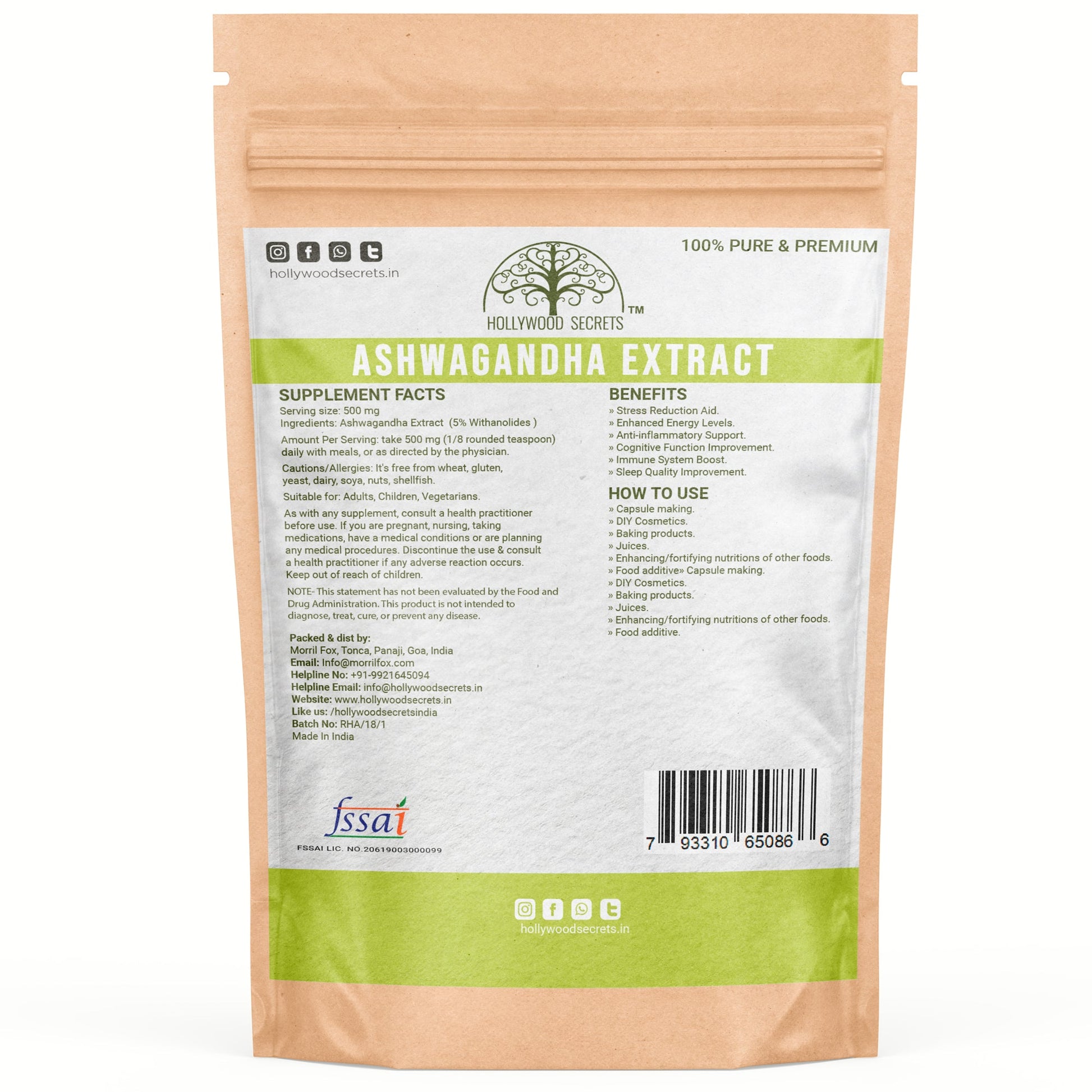 Pure Ashwagandha Extract Powder 50gm Withanolides 5% Hollywood Secrets
