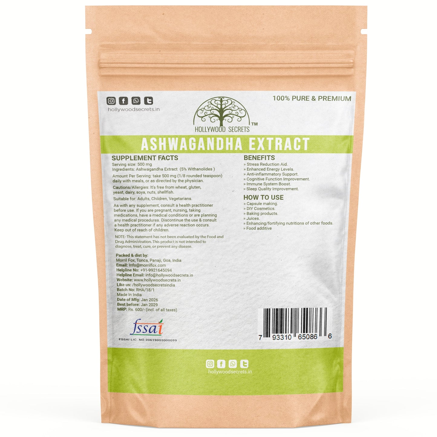 Pure Ashwagandha Extract Powder 50gm Withanolides 5% Hollywood Secrets