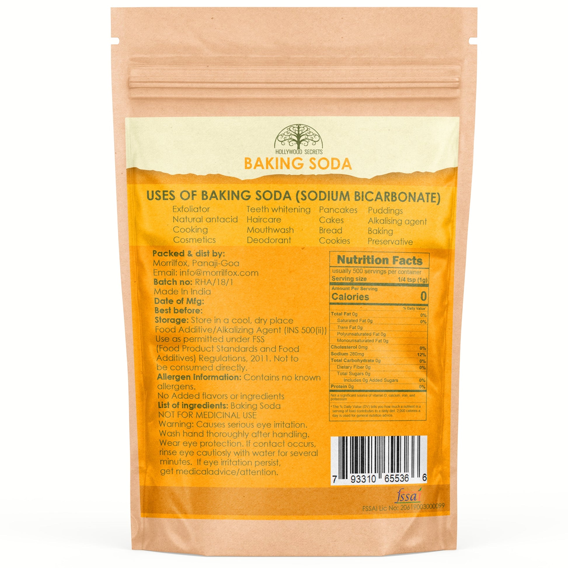 Pure Baking Soda Sodium Bicarbonate  500 gm Hollywood Secrets