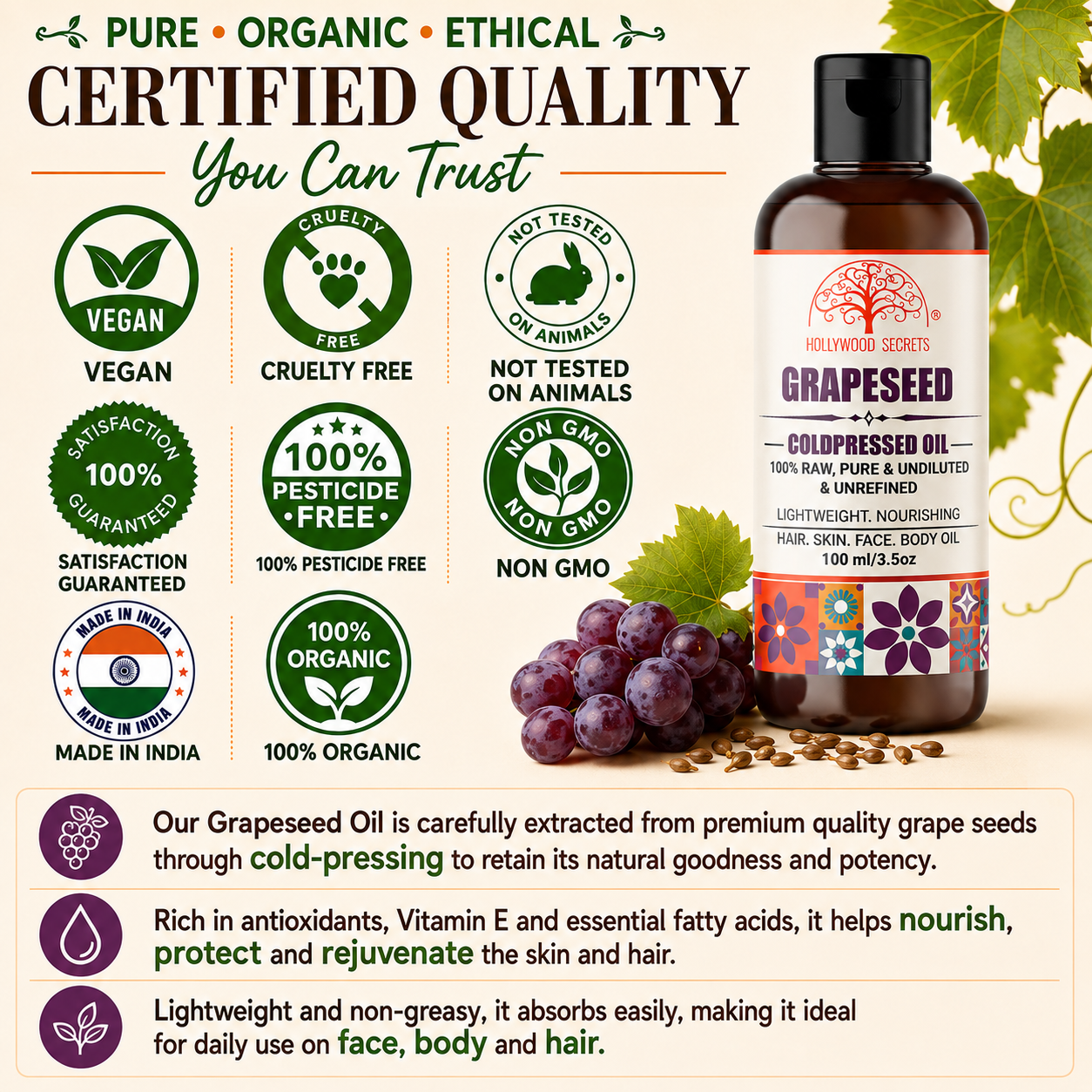 Grapeseed Oil Pure Cold Pressed Hollywood Secrets