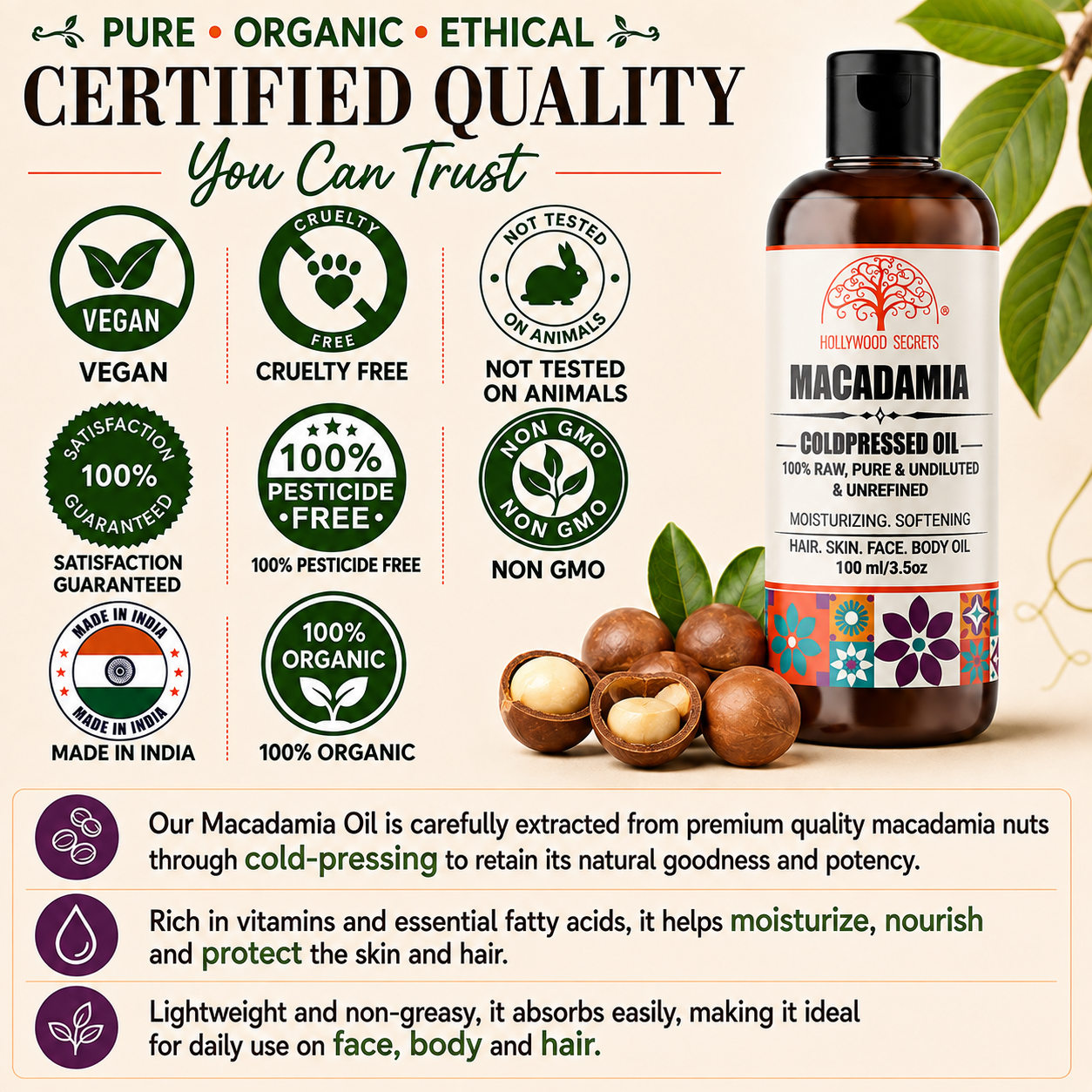 Macadamia Oil Pure Cold Pressed Hollywood Secrets