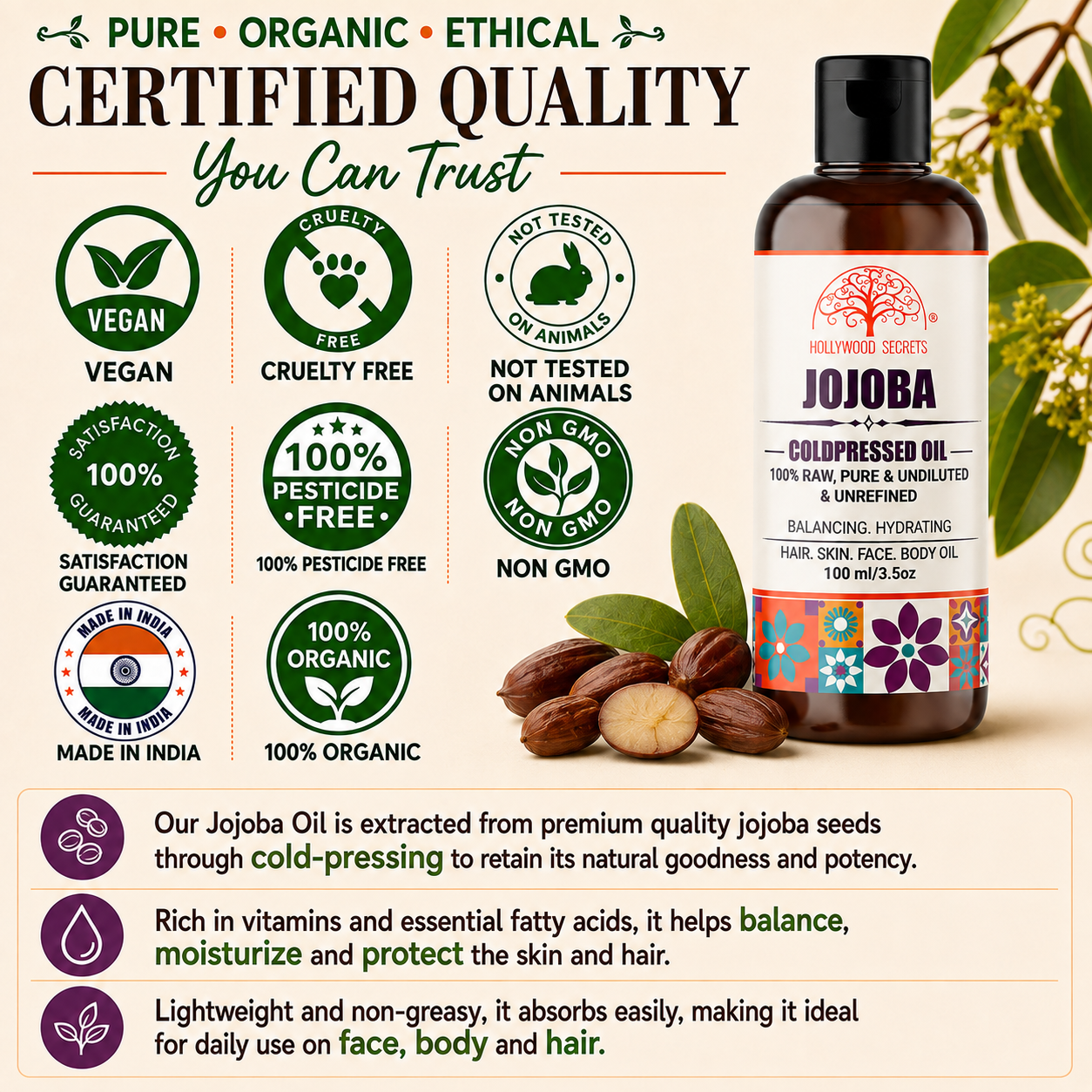 Jojoba Oil Pure Cold Pressed Hollywood Secrets