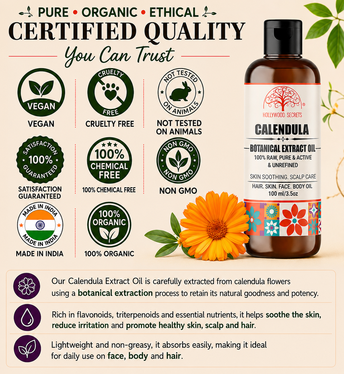 Calendula Oil Pure Cold Pressed Hollywood Secrets
