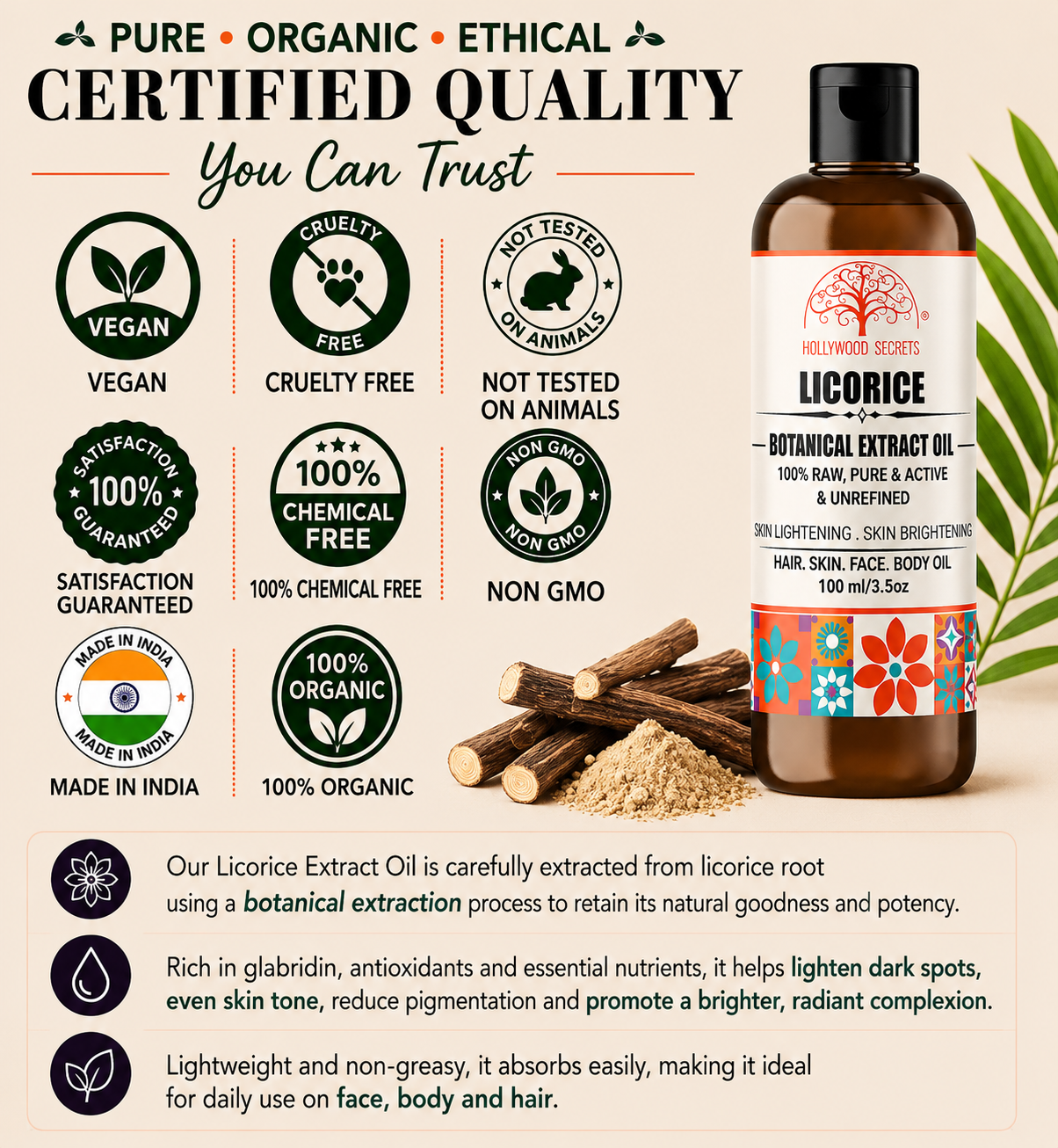 Mulethi Licorice Oil Pure Botanical Extract Hollywood Secrets