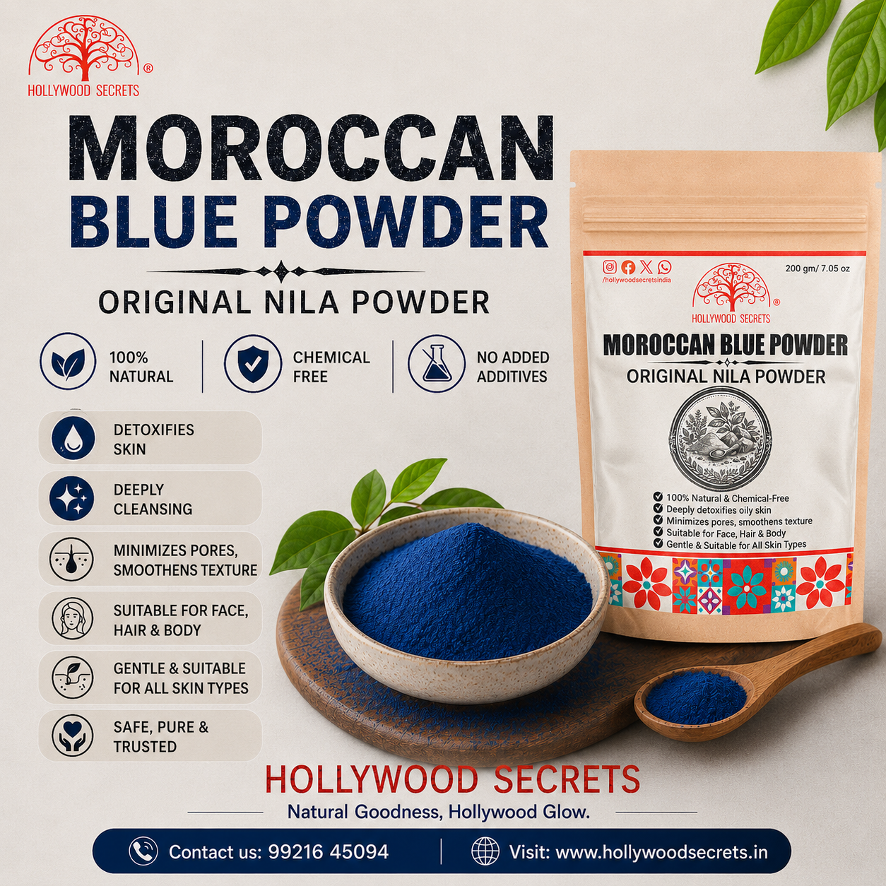 Pure Moroccan Blue Powder 200Gms Hollywood Secrets