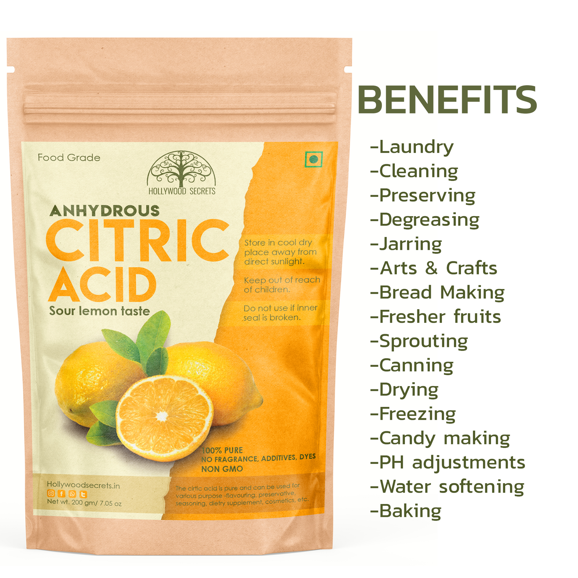 BUY Hollywood Secrets Pure Citric Acid Powder 200 Gms