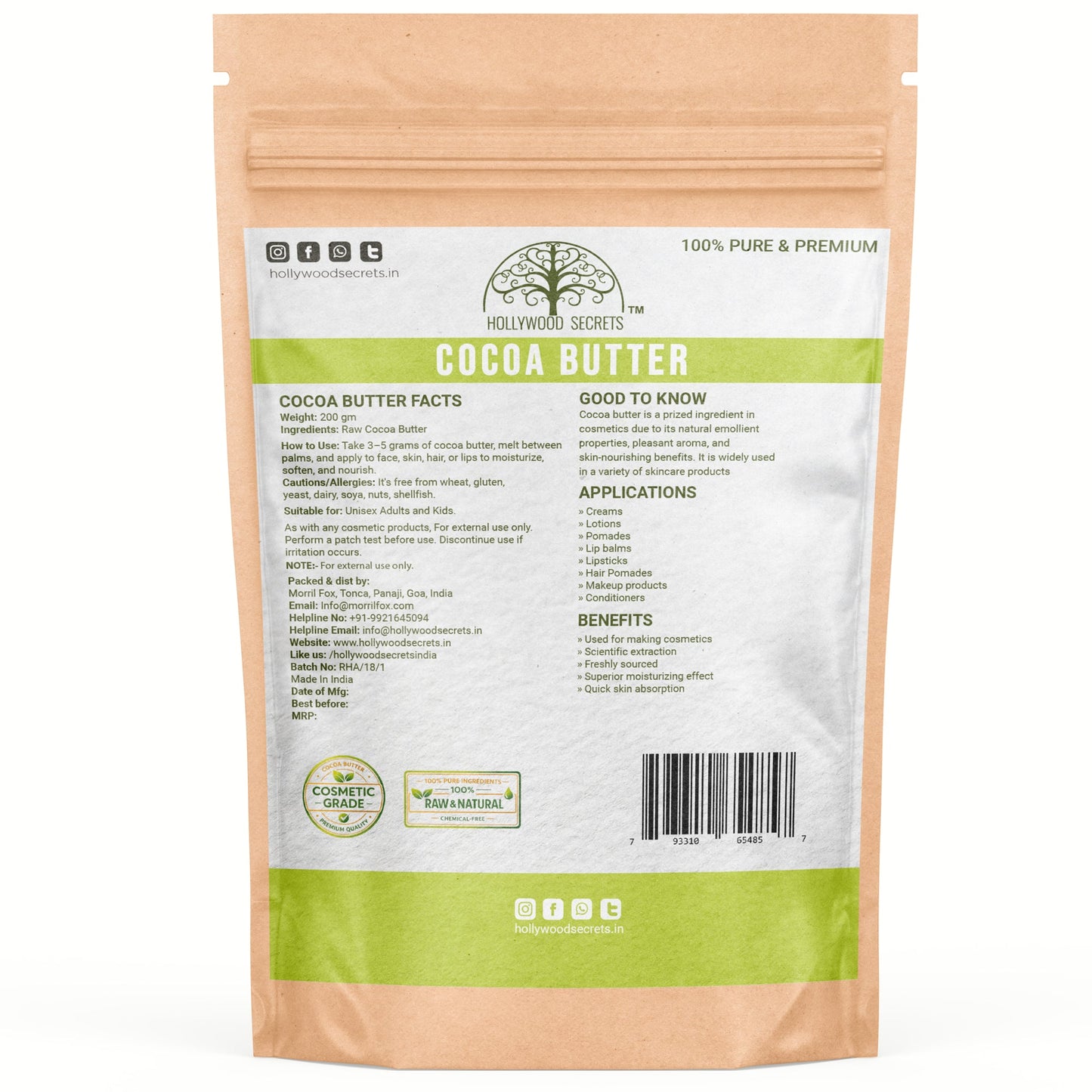 Raw Cocoa Body Skin Butter 200gm Hollywood Secrets