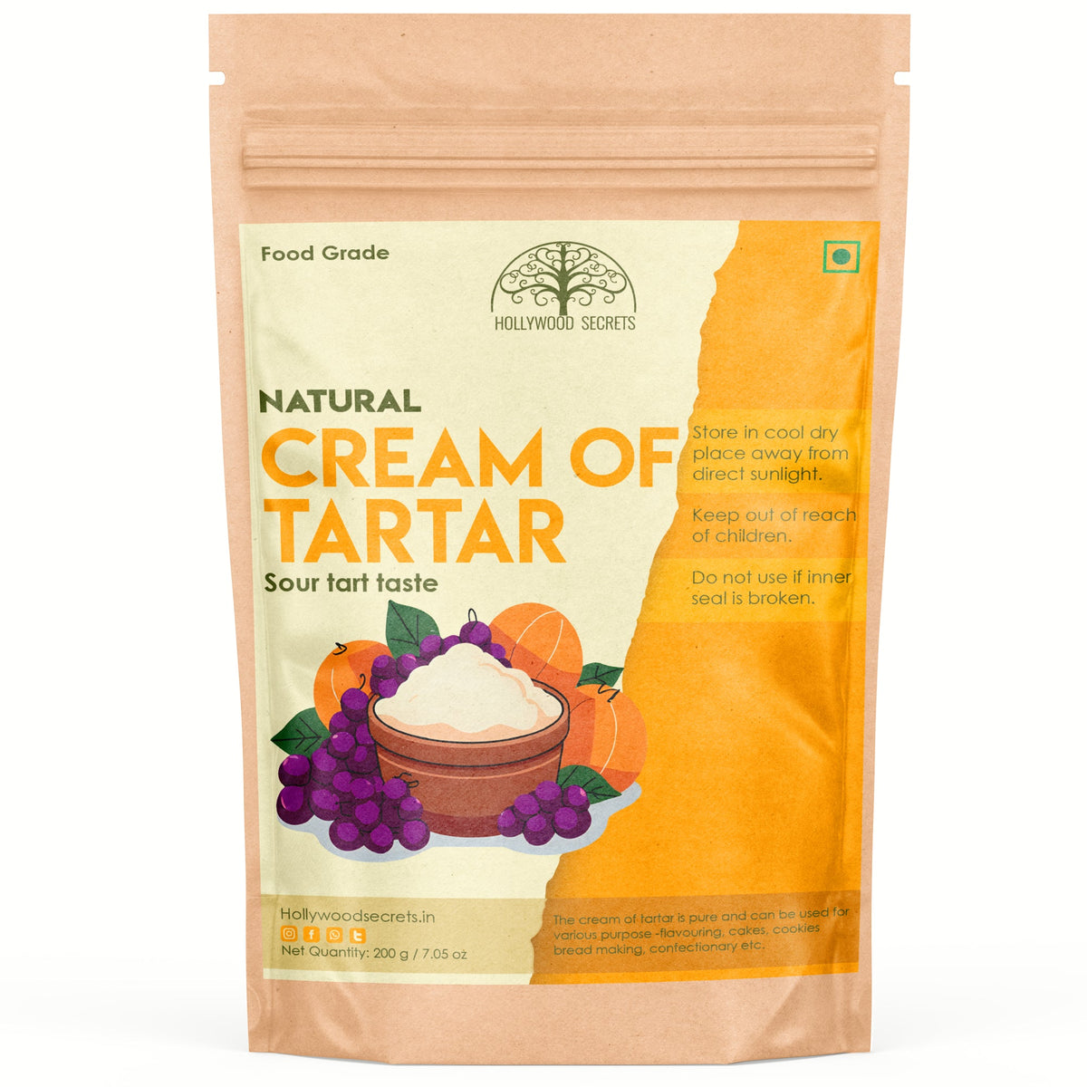 Pure Cream Of Tartar Powder Food Grade 200 gm Hollywood Secrets