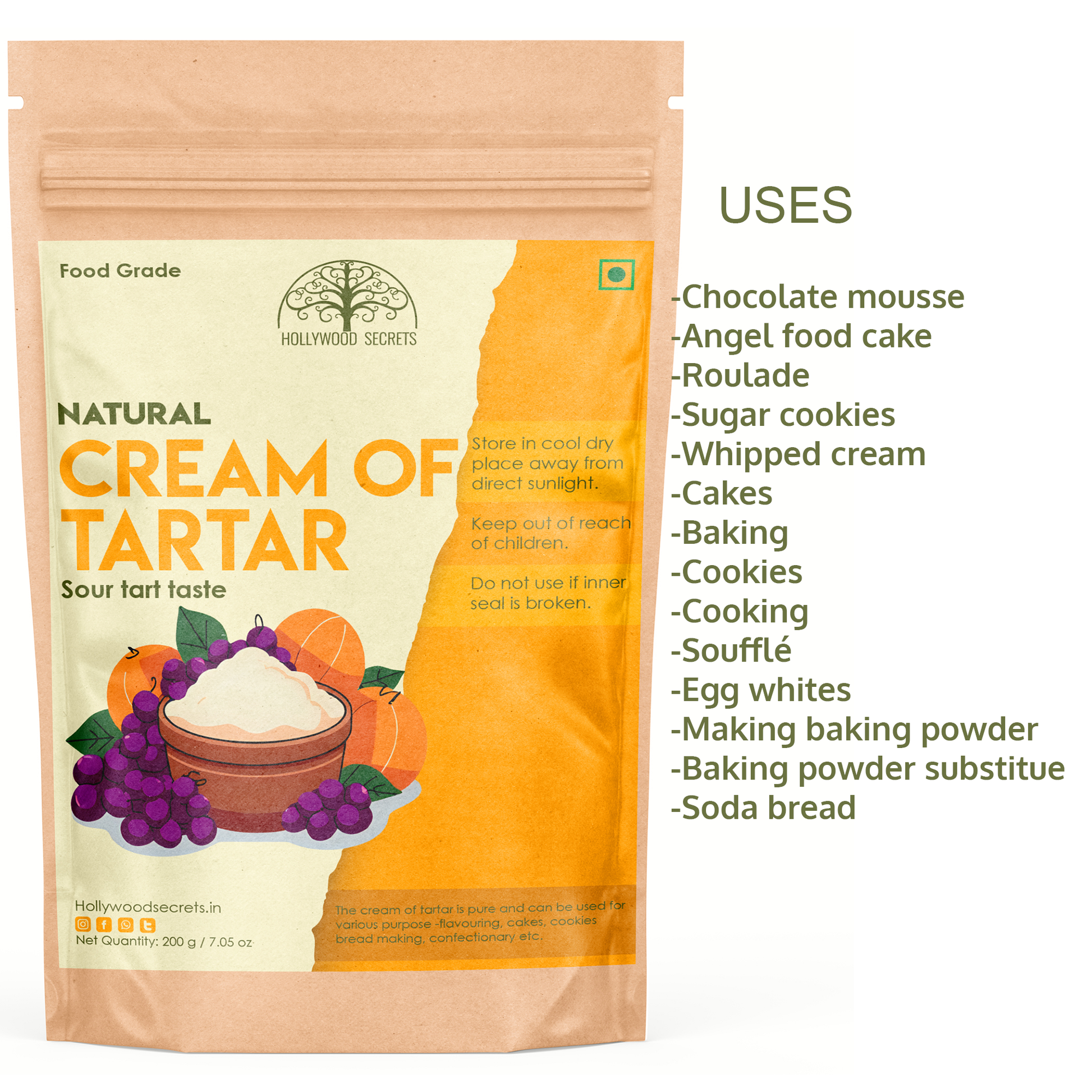 Pure Cream Of Tartar Powder (200 Gms) Hollywood Secrets
