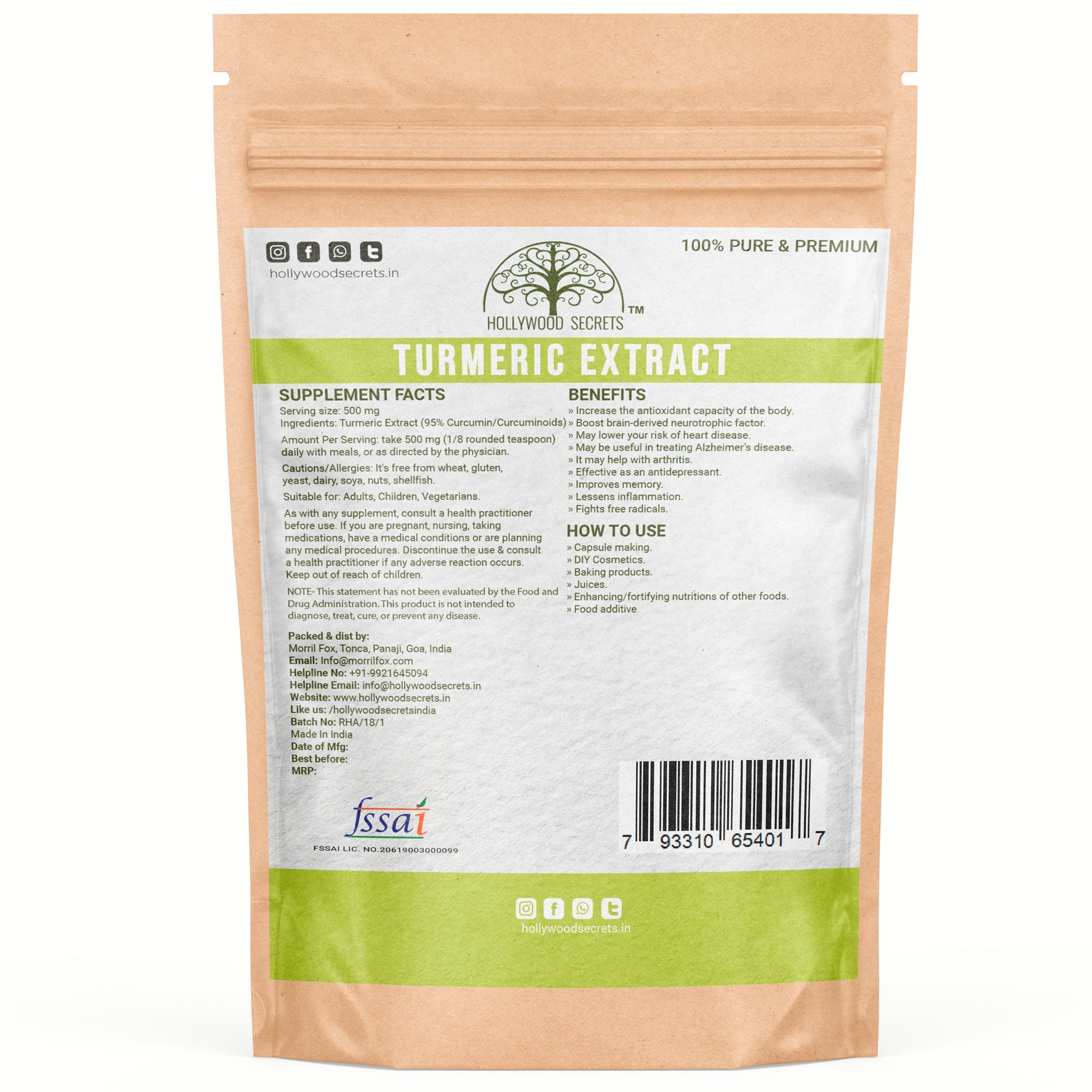 Pure Turmeric Extract Powder Supplements 20% Curcumin 50 gm Hollywood Secrets