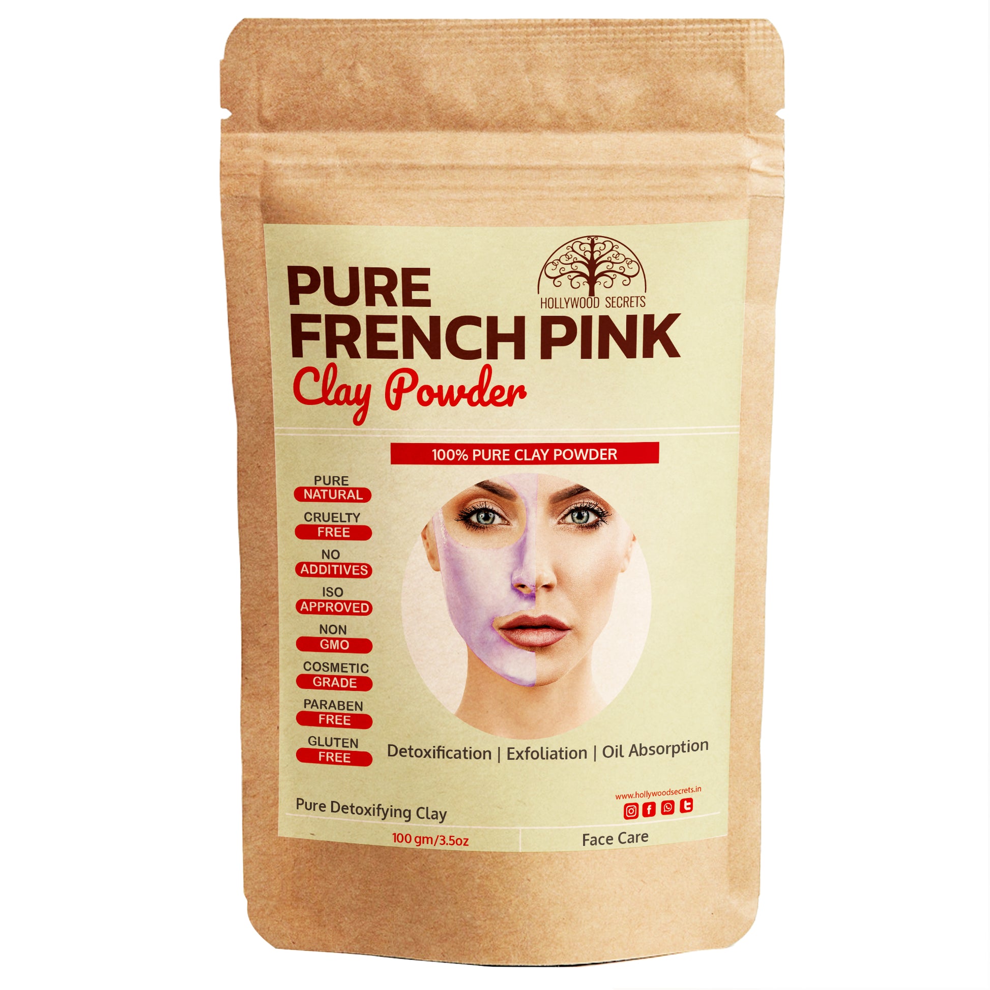 Pure French Pink Clay Powder 100Gms Hollywood Secrets