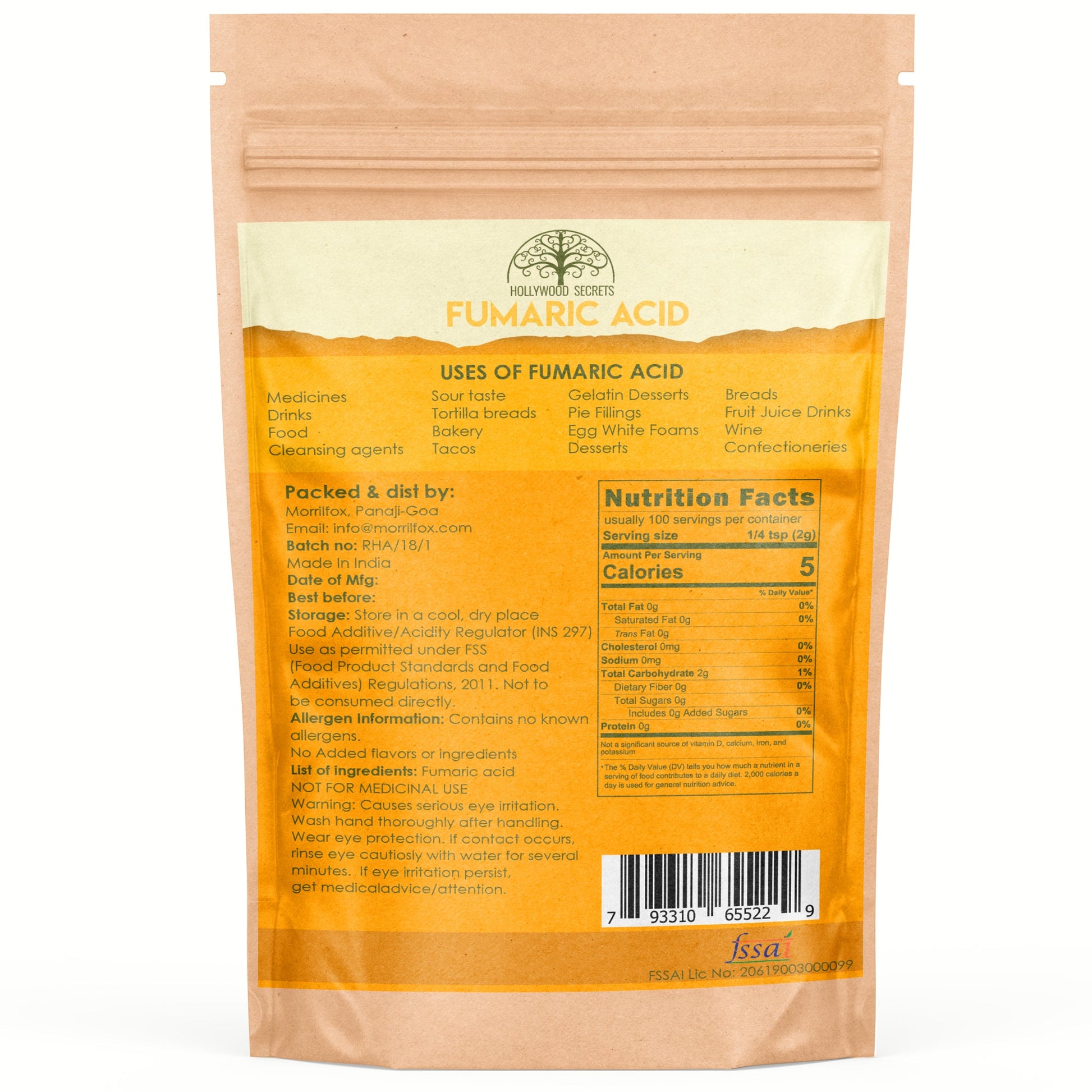 Organic Fumaric Acid 200gm Hollywood Secrets