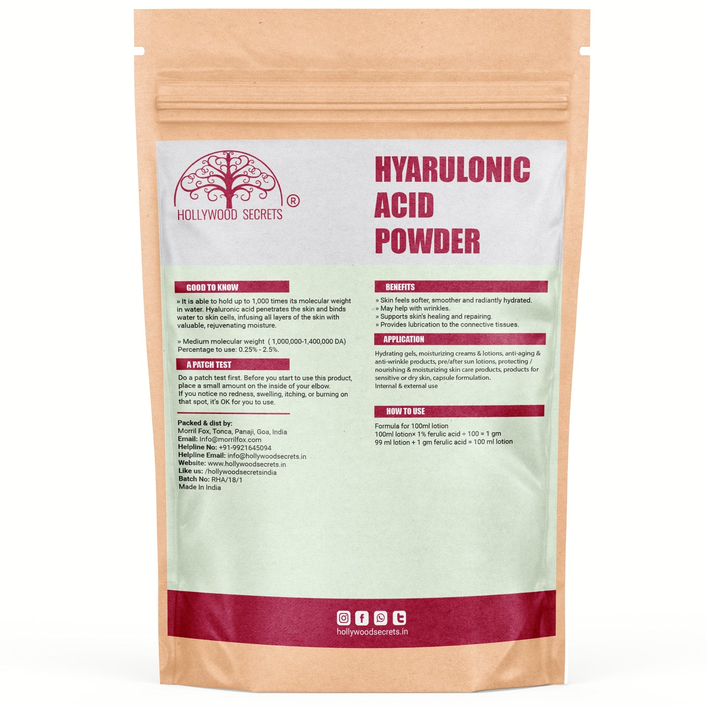Pure Hyaluronic Acid Powder 50gm Hollywood Secrets