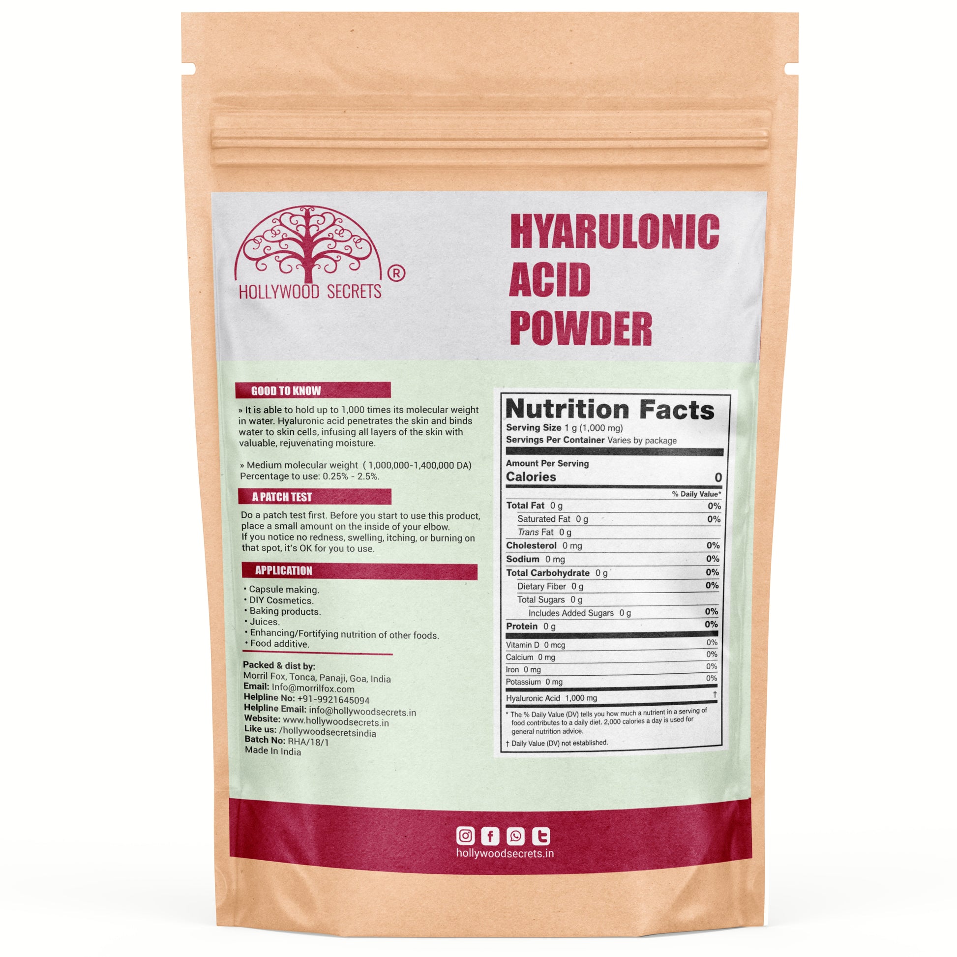 Pure Hyaluronic Acid Powder 50gm Hollywood Secrets