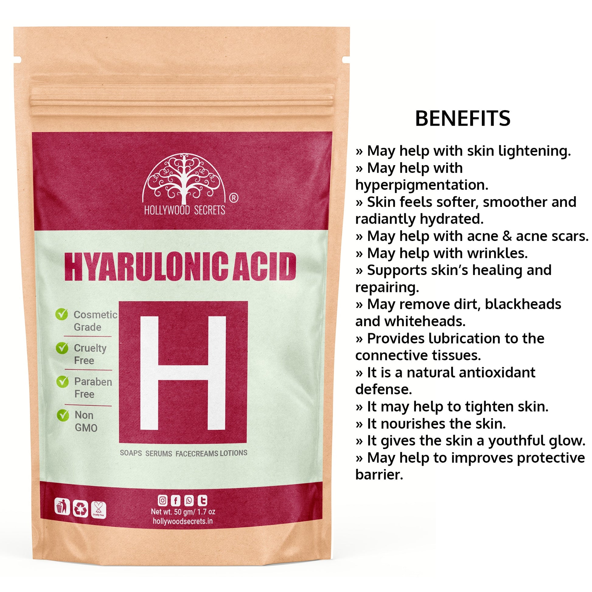 Pure Hyaluronic Acid Powder 50gm Hollywood Secrets