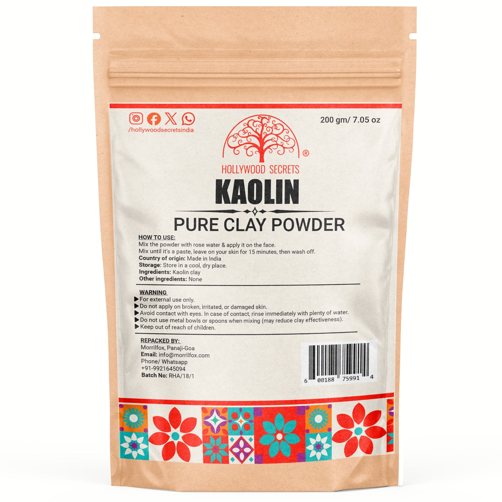 White Kaolin Clay Powder Light Best Pure kaolinite 200gm Hollywood Secrets