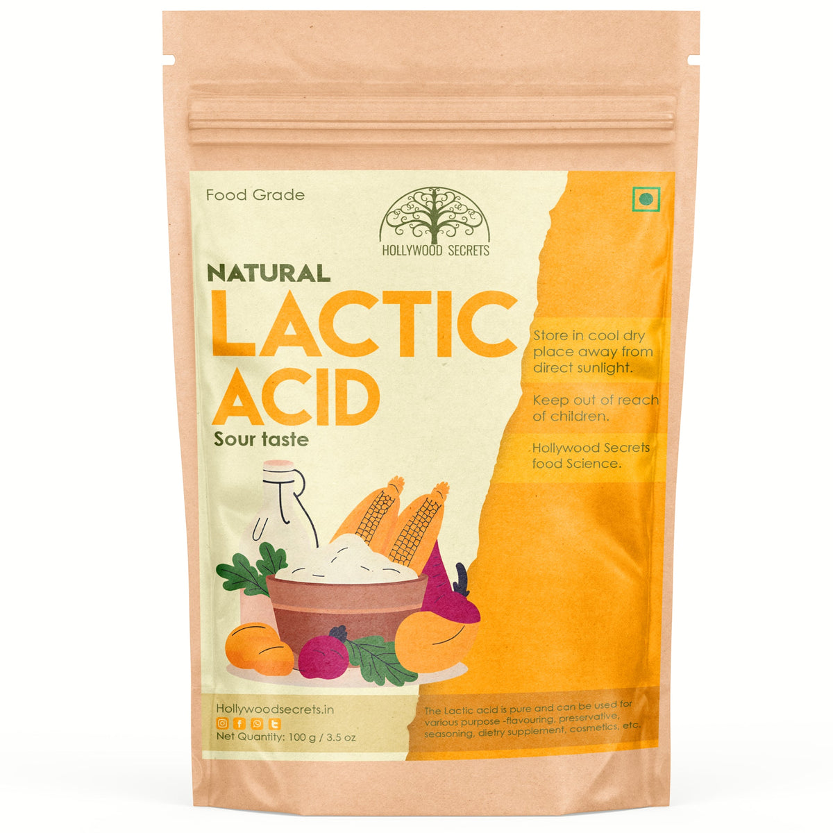 Pure Lactic Acid Powder Food Grade 100 gm Hollywood Secrets