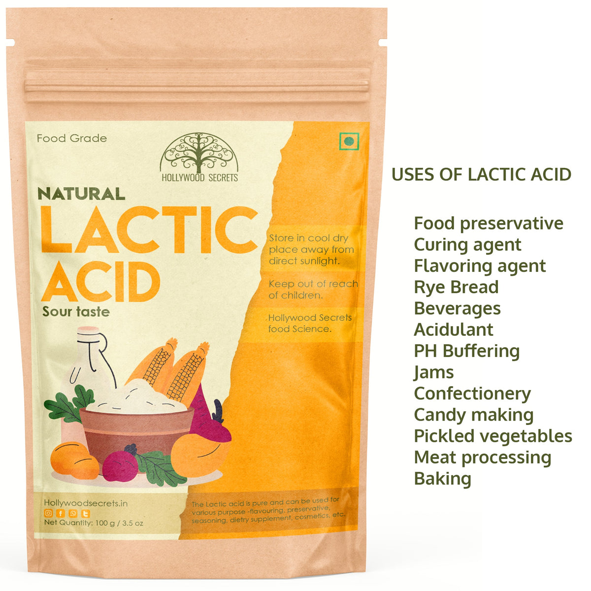 Pure Lactic Acid Powder Food Grade 100 gm Hollywood Secrets