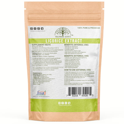 Pure Licorice Mulethi Extract Powder 10% Glycyrrhizin 50gm Hollywood Secrets