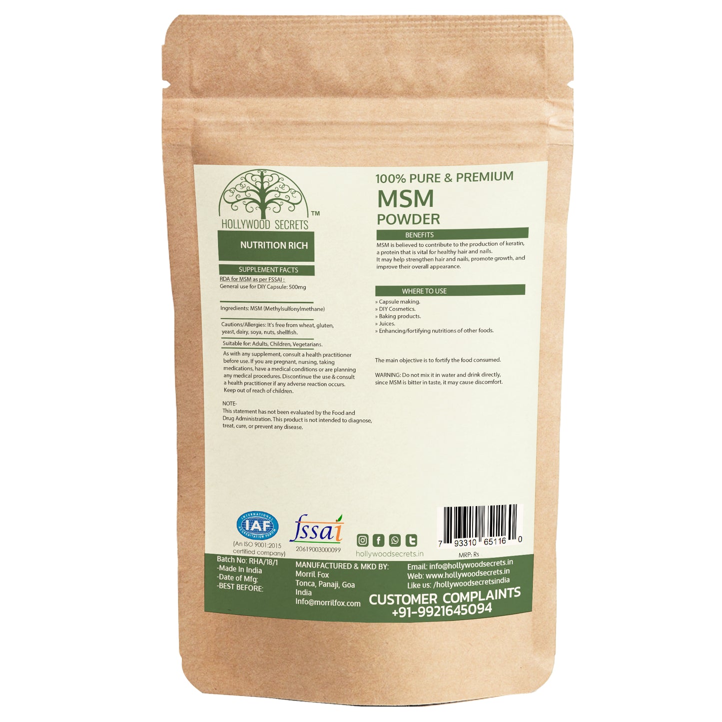 Methylsulfonylmethane MSM Powder 100gm Hollywood Secrets