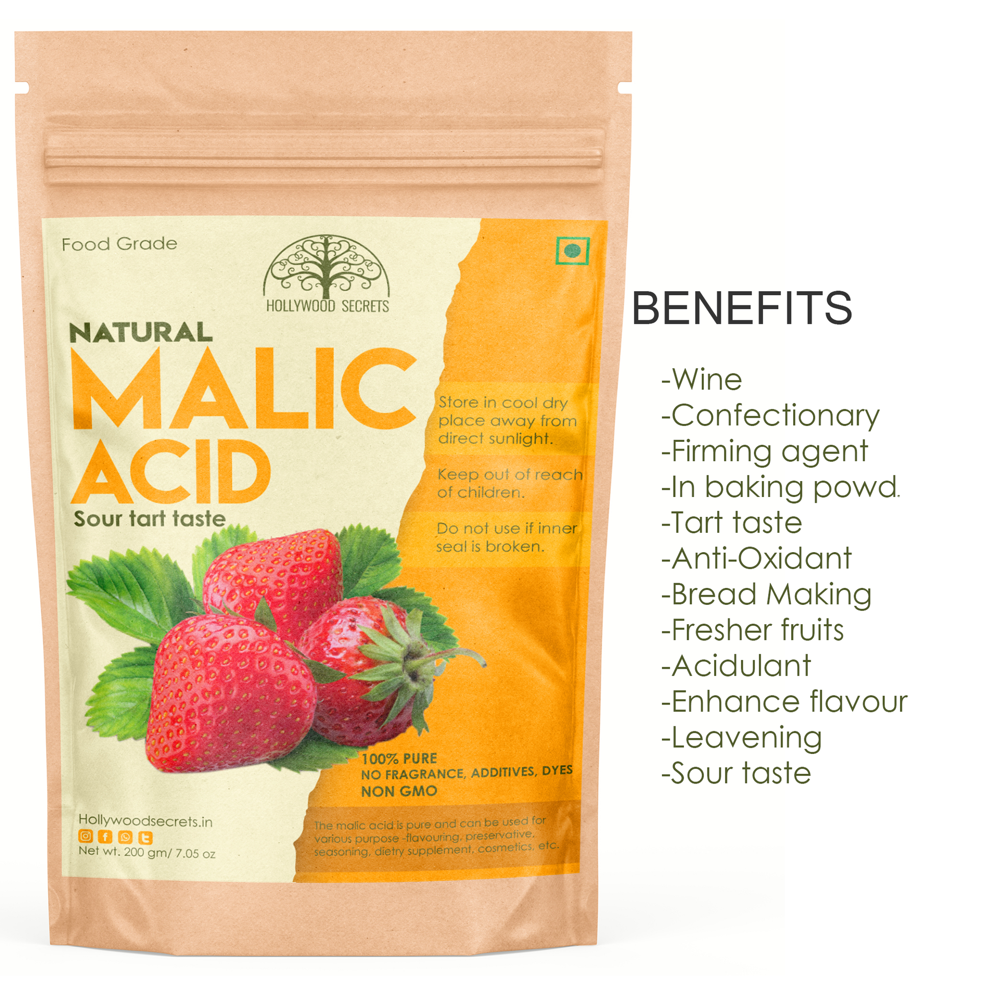 Pure Malic Acid Powder (200 Gms) Hollywood Secrets