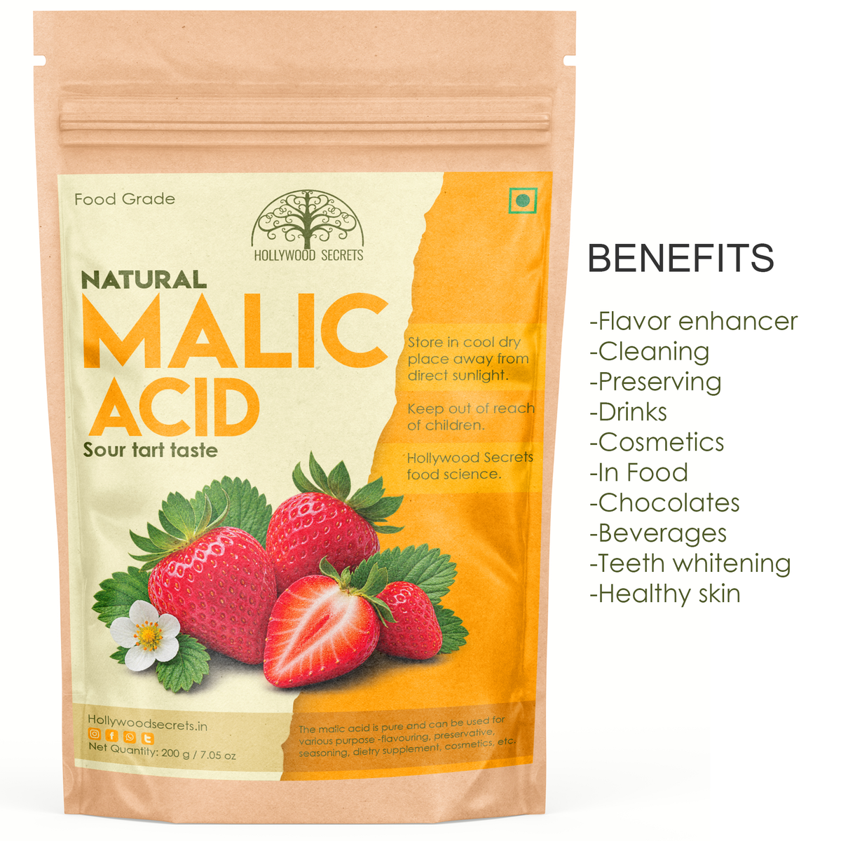 Pure Malic Acid Powder Food Grade 200 gm Hollywood Secrets
