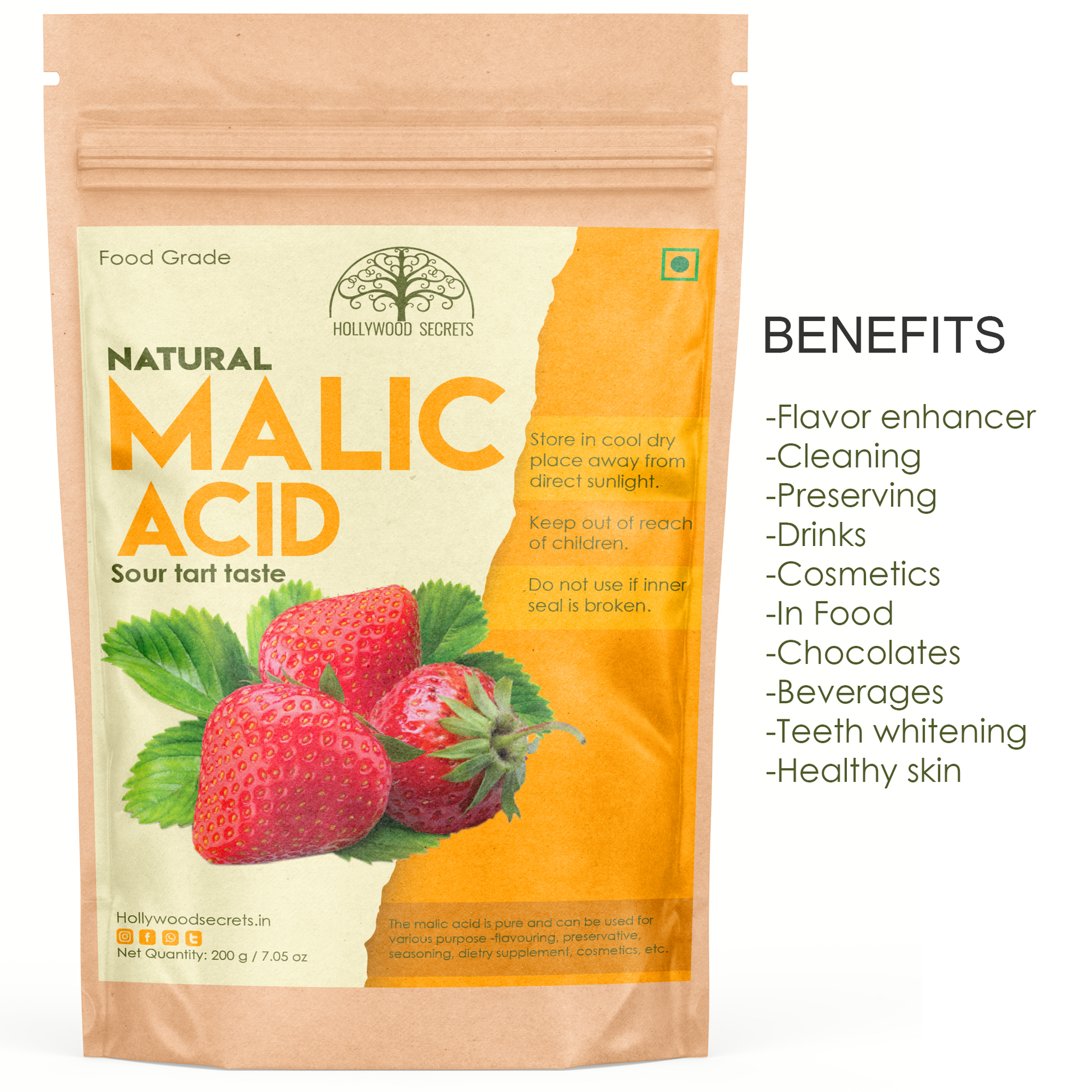 Pure Malic Acid Powder (200 Gms) Hollywood Secrets
