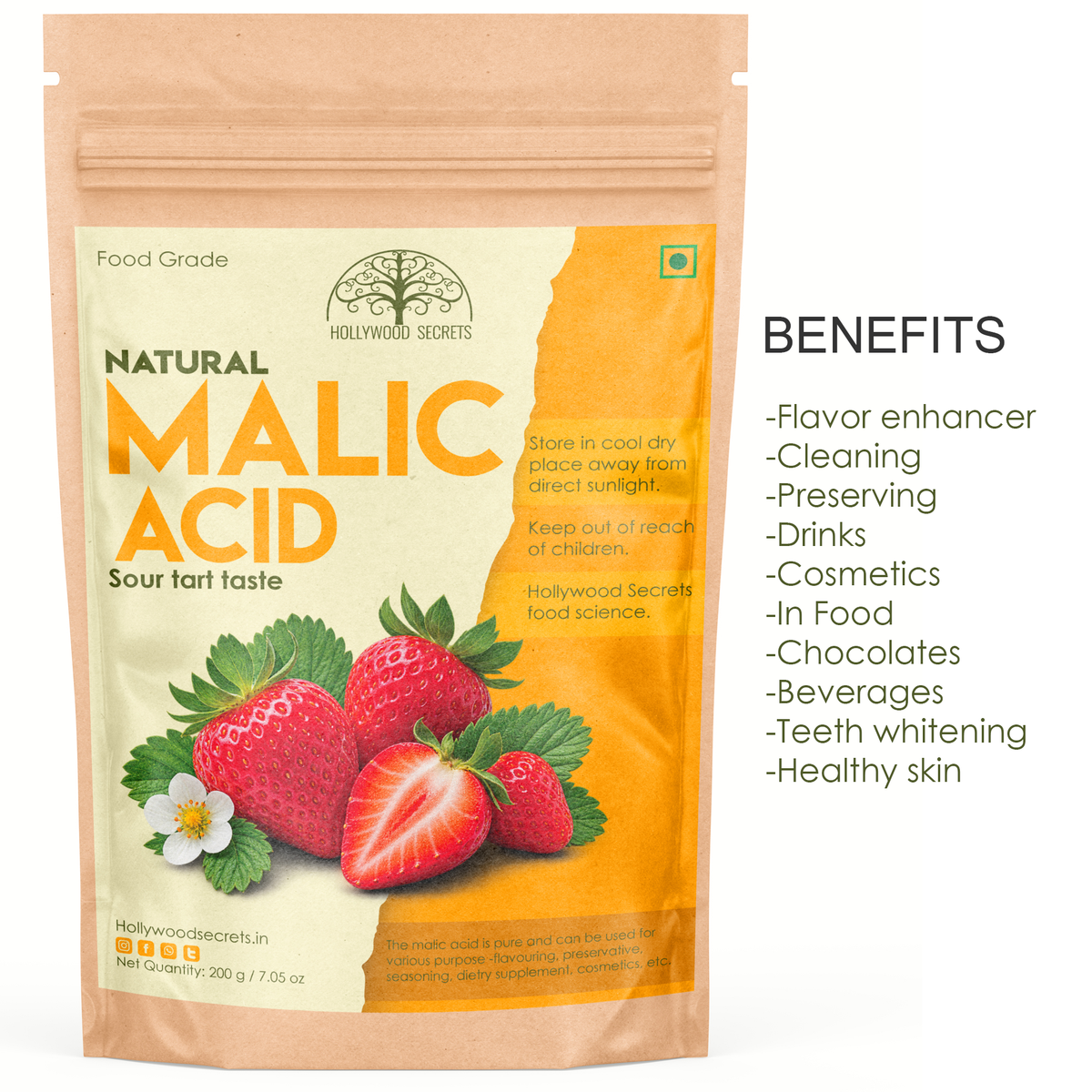 Pure Malic Acid Powder Food Grade 200 gm Hollywood Secrets