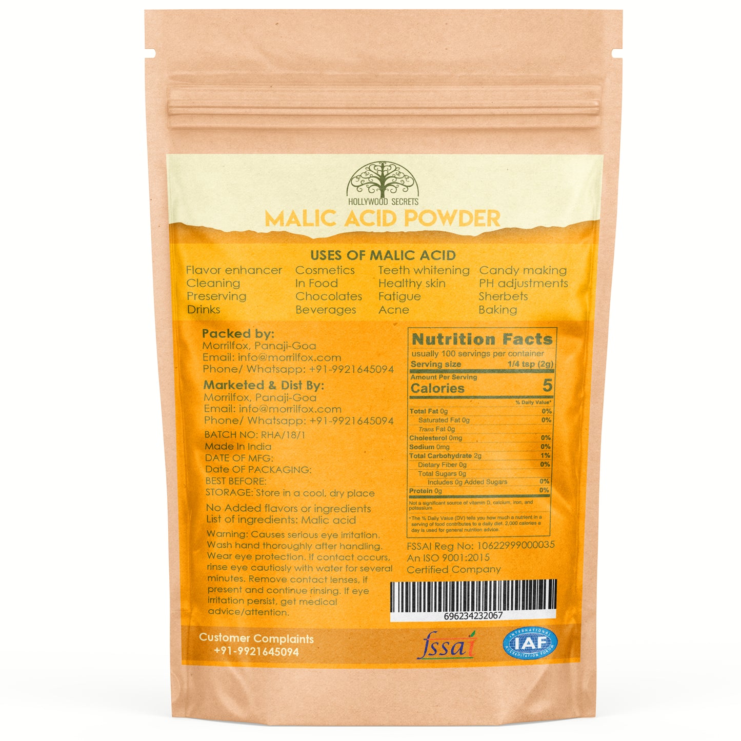 Pure Malic Acid Powder (200 Gms) Hollywood Secrets