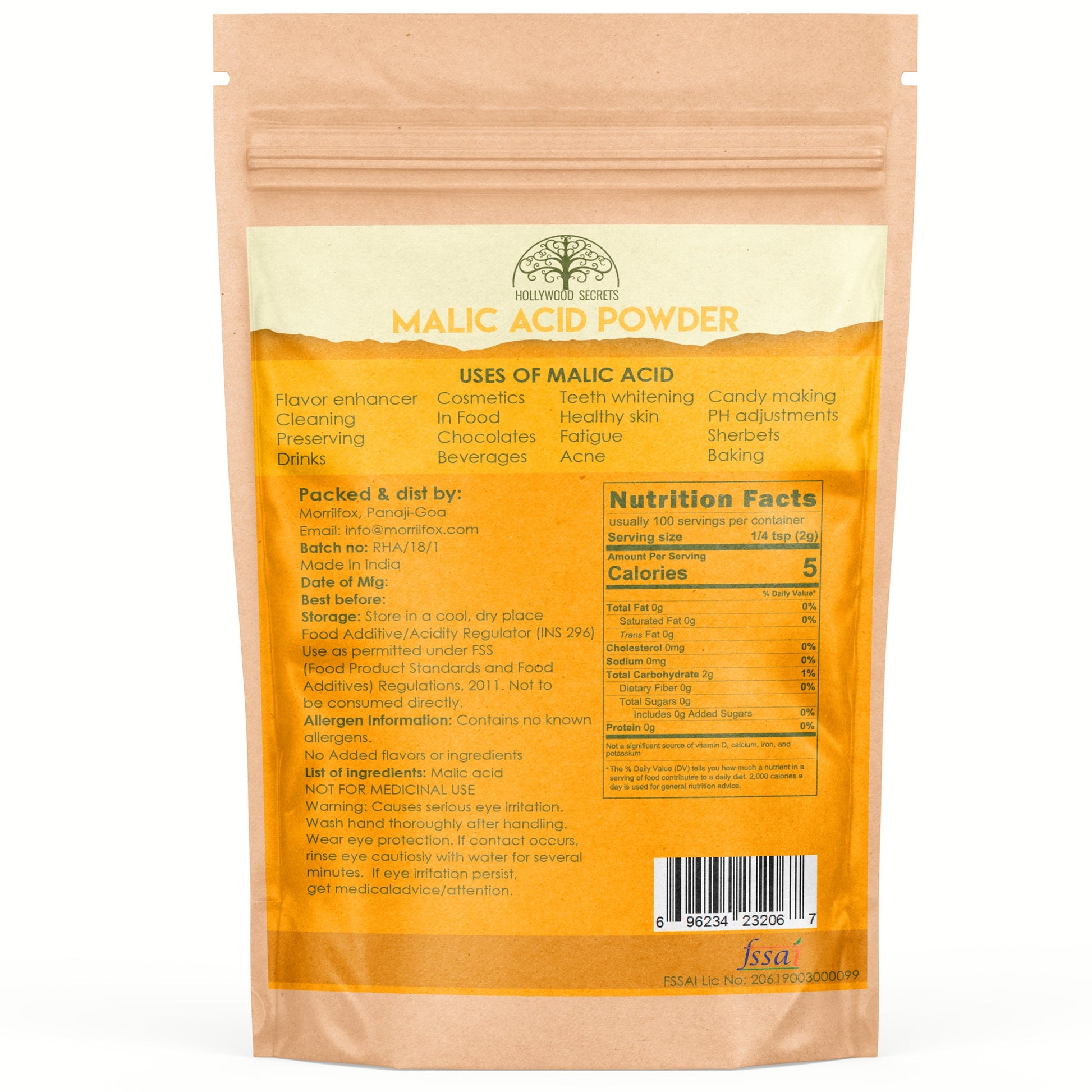 Pure Malic Acid Powder (200 Gms) Hollywood Secrets