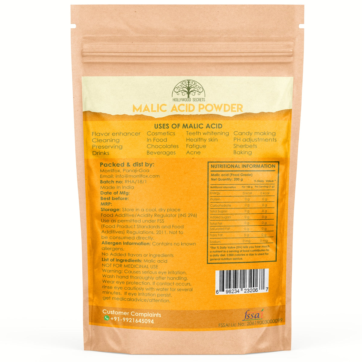 Pure Malic Acid Powder Food Grade 200 gm Hollywood Secrets