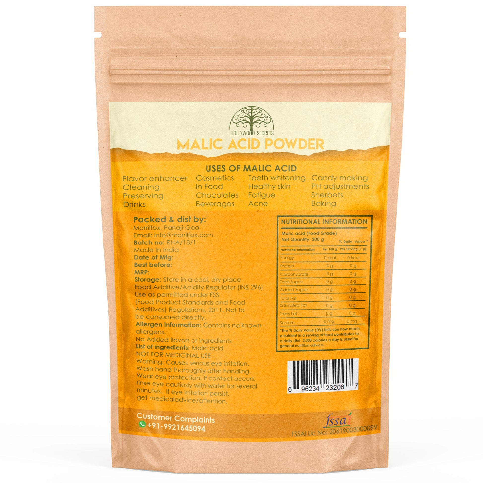 Pure Malic Acid Powder Food Grade 200 gm Hollywood Secrets