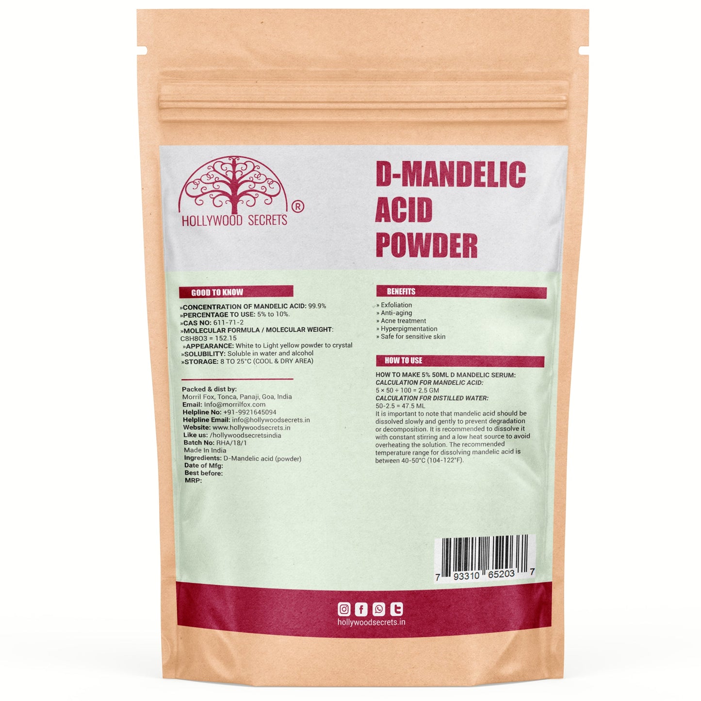 AHA D-Mandelic Acid Powder 50gm Hollywood Secrets