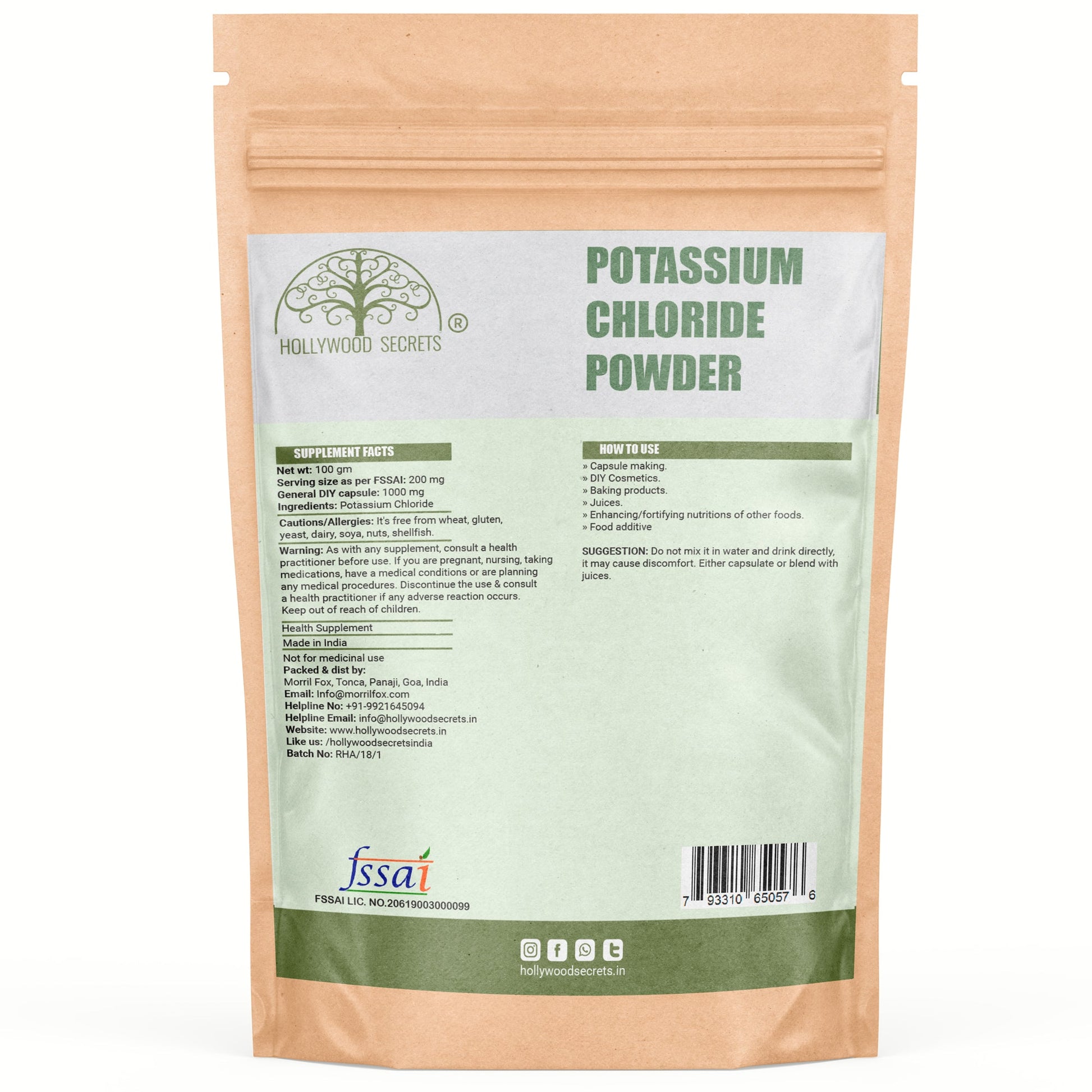 Potassium Chloride Powder 100 gm Pharma Grade Hollywood Secrets