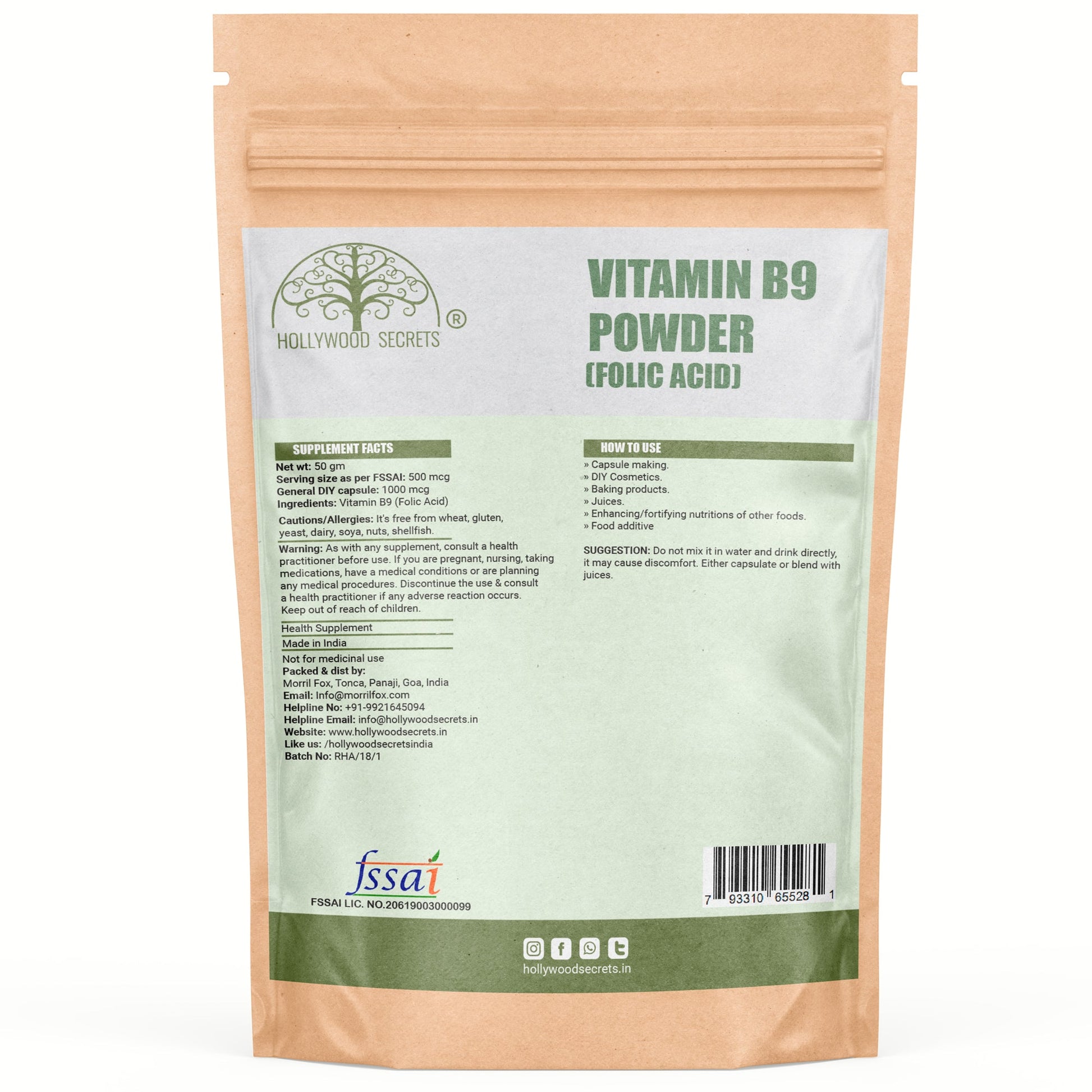 Vitamin B9 Folic Acid Powder 50gms Hollywood Secrets