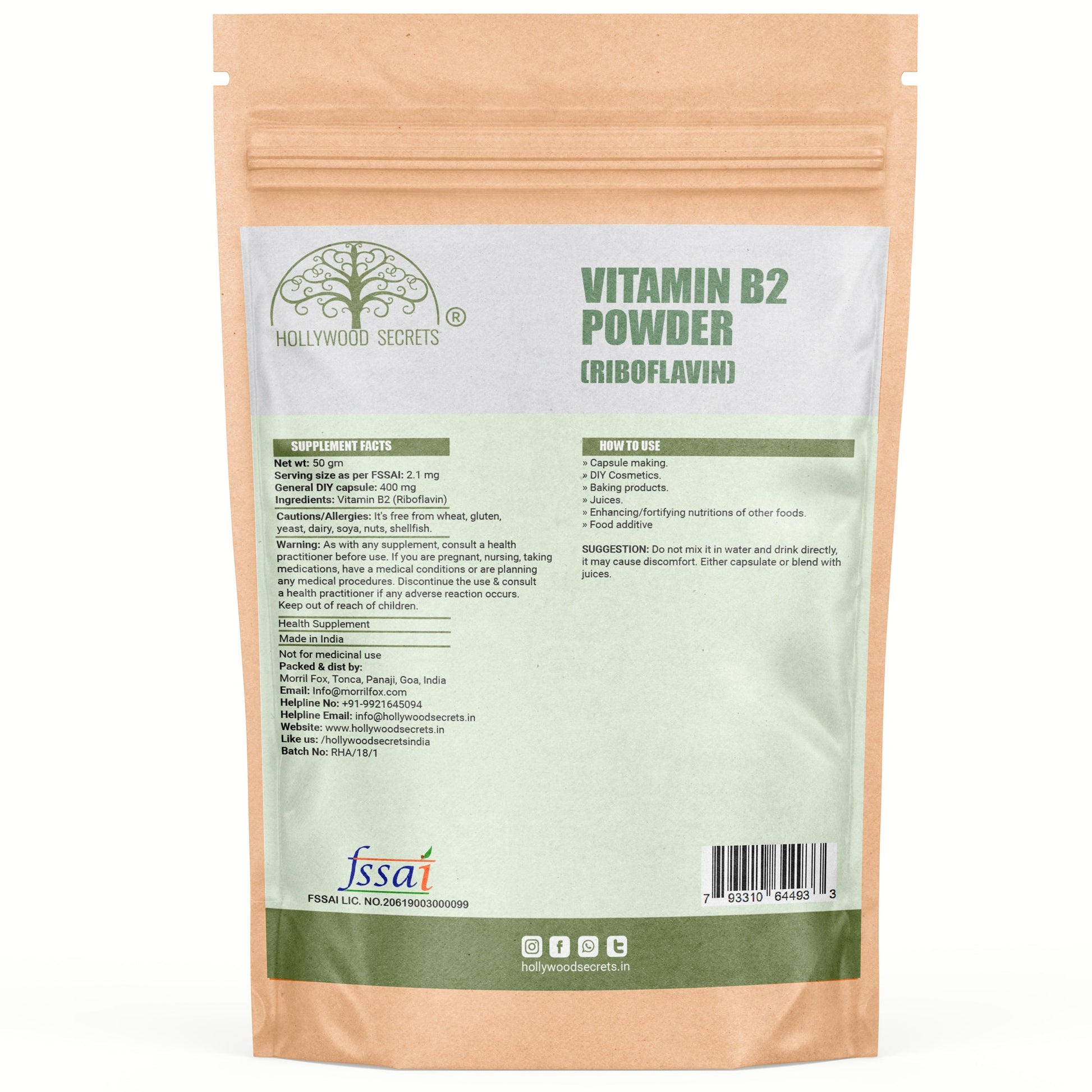 Pure Vitamin B2 Riboflavin Supplements 50gm Hollywood Secrets