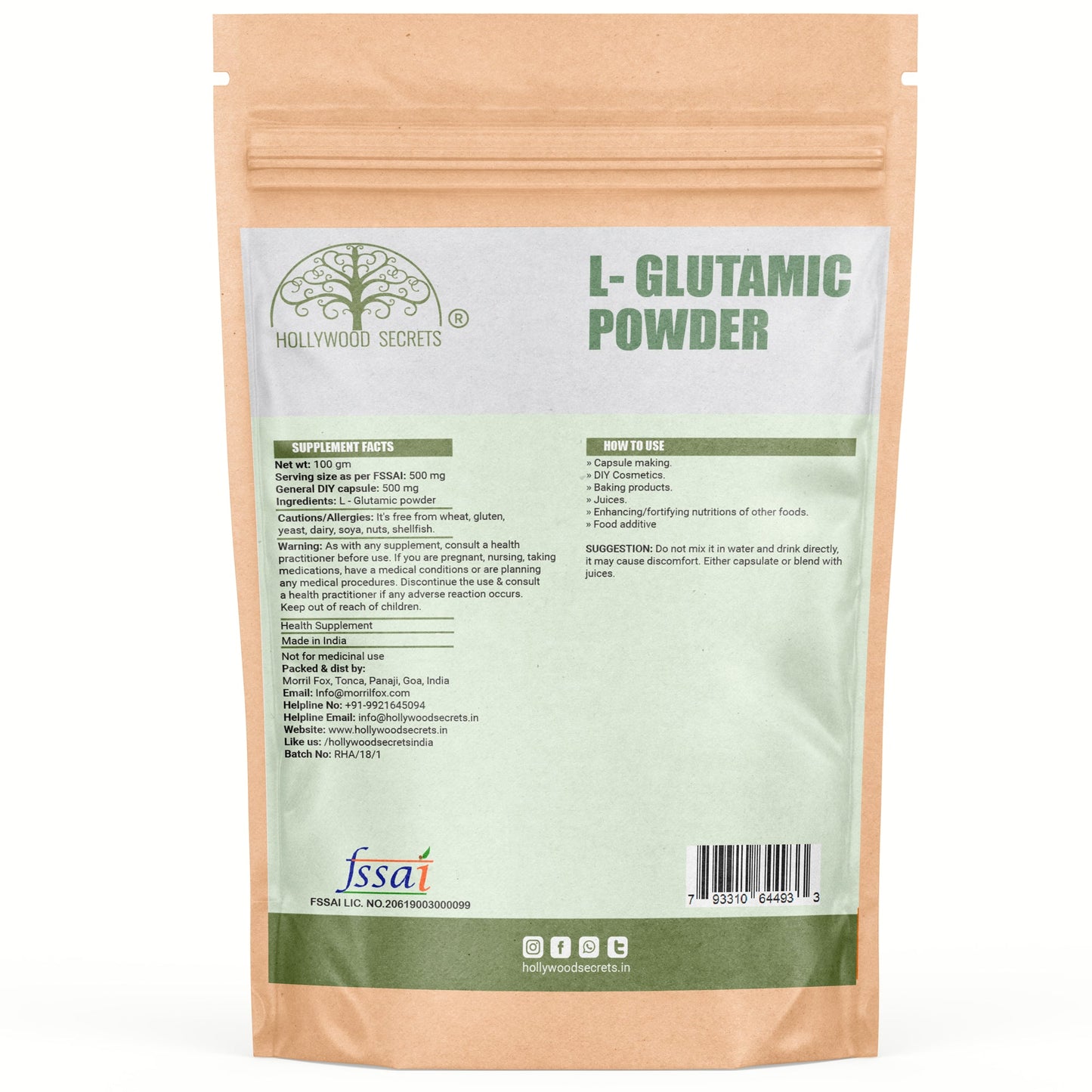 Pure L-Glutamic Amino Acid Powder 100Gms Hollywood Secrets