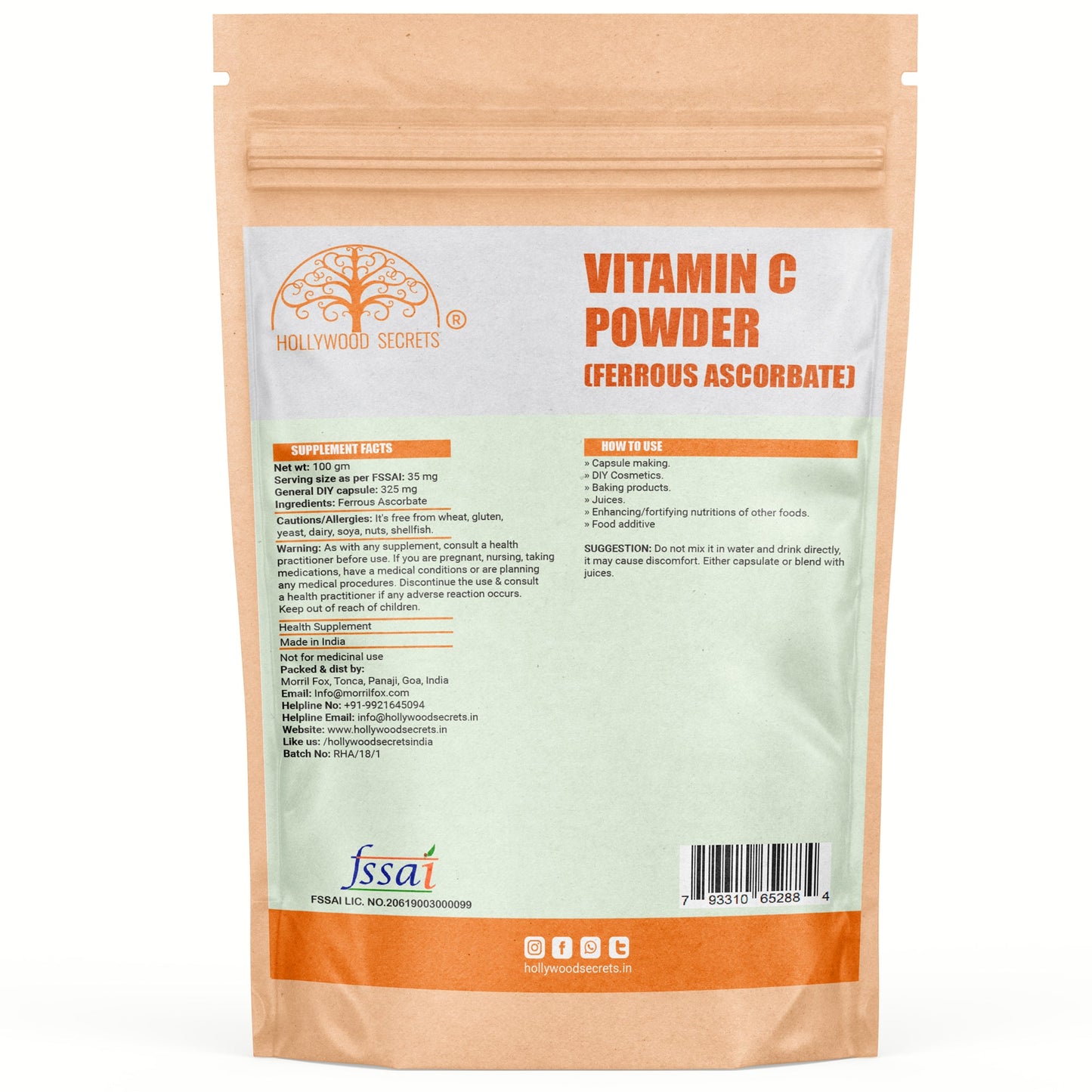 Vitamin C Ferrous Ascorbate Powder 100gm Hollywood Secrets