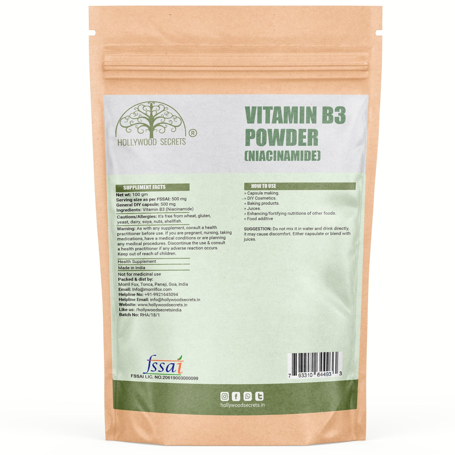 Pure Vitamin B3 (Niacinamide) Powder – 100 g Hollywood Secrets