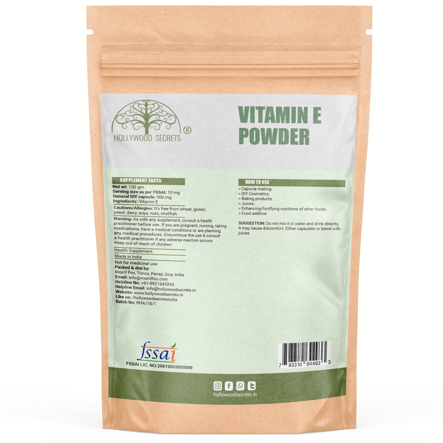 100% Pure Vitamin E Powder For Skin Hair (100 Gms) Hollywood Secrets