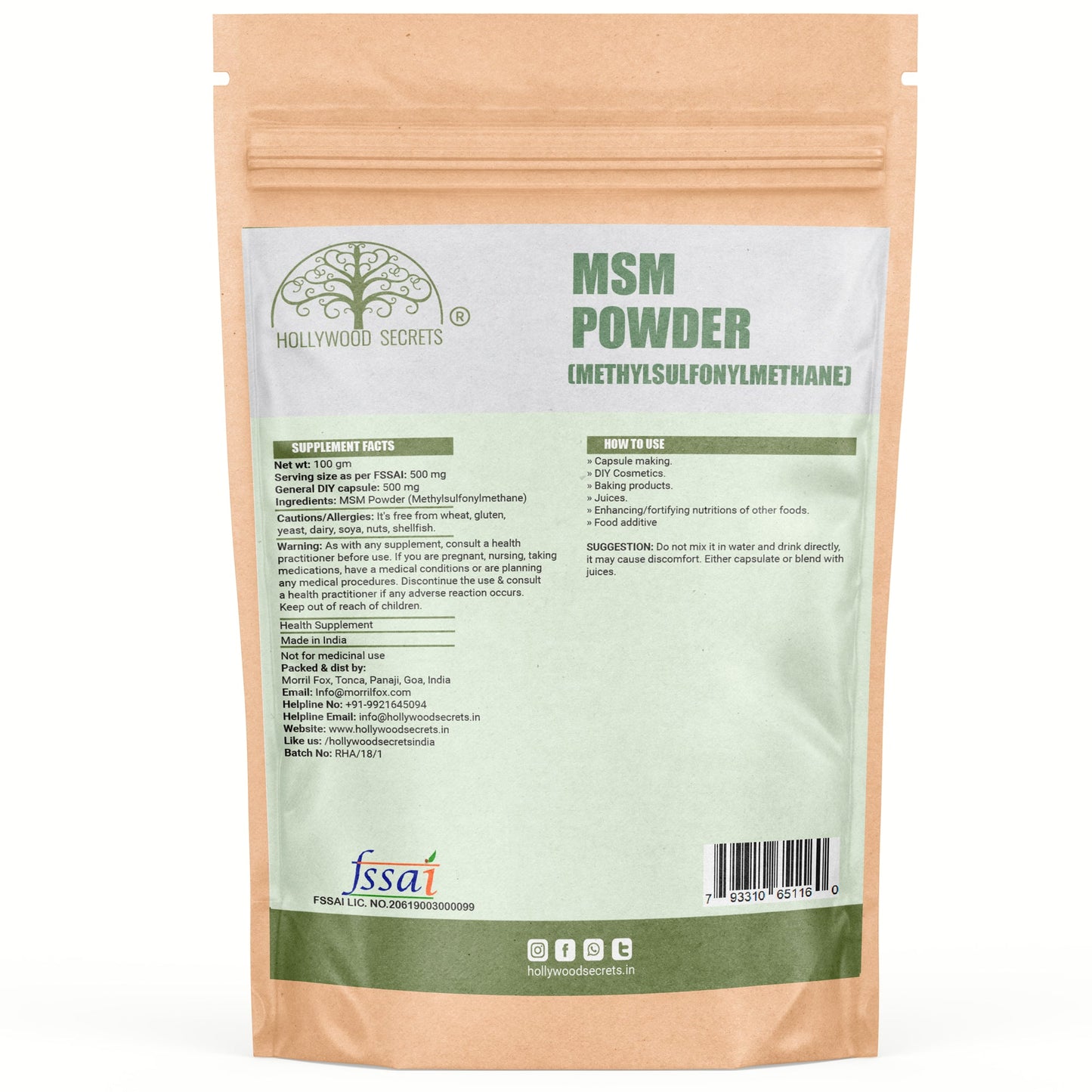Methylsulfonylmethane MSM Supplement Powder 100gm Hollywood Secrets