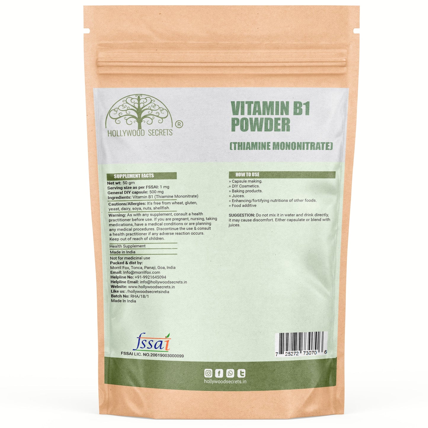 Vitamin B1 Thiamine Mononitrate Powder 50 gm Hollywood Secrets