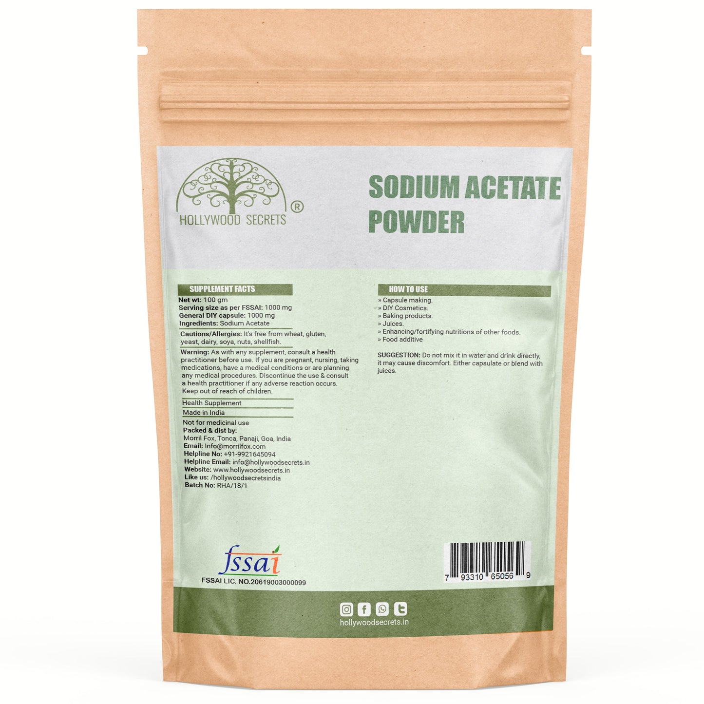 Sodium Acetate Powder 100 gm Hollywood Secrets