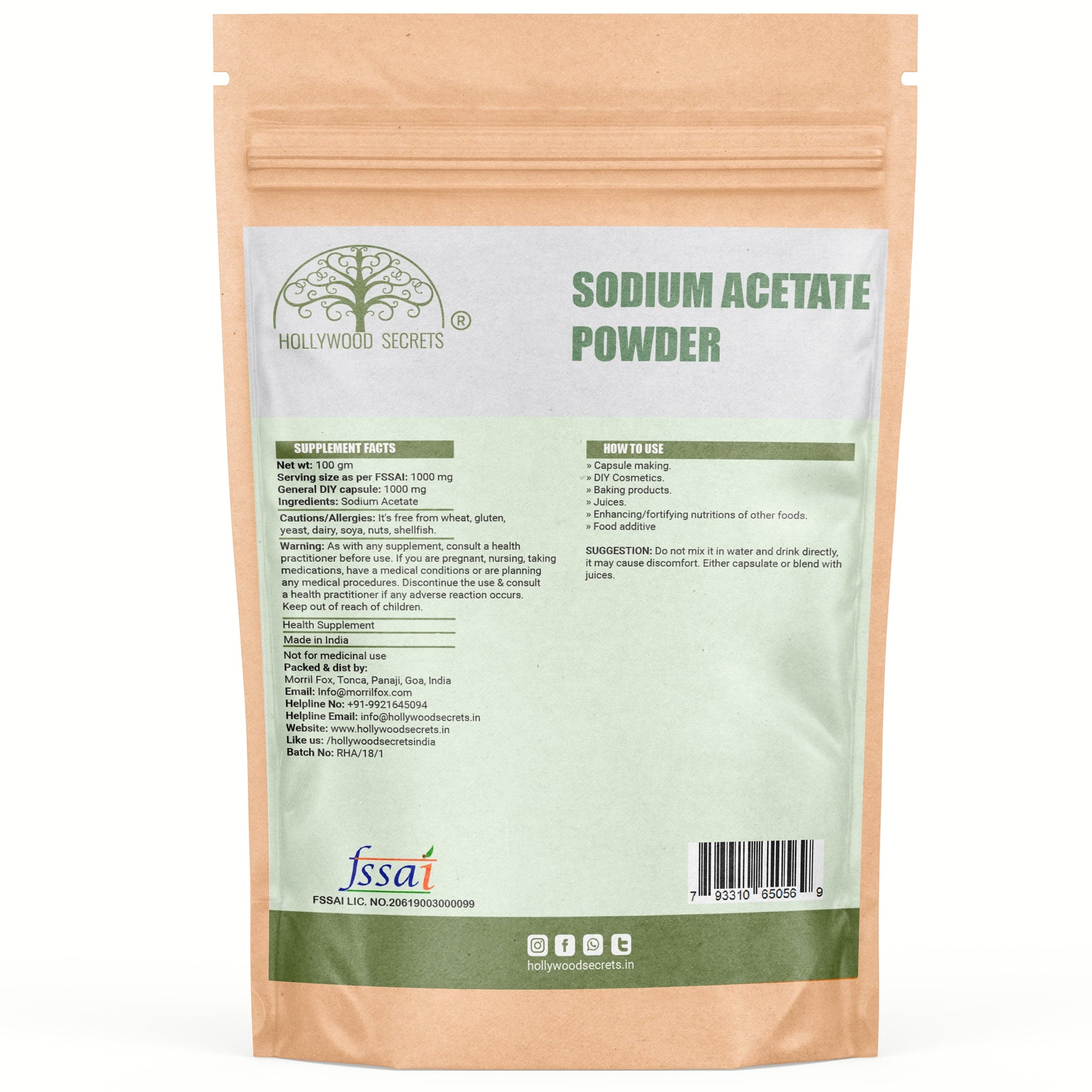 Sodium Acetate Powder 100 gm Hollywood Secrets