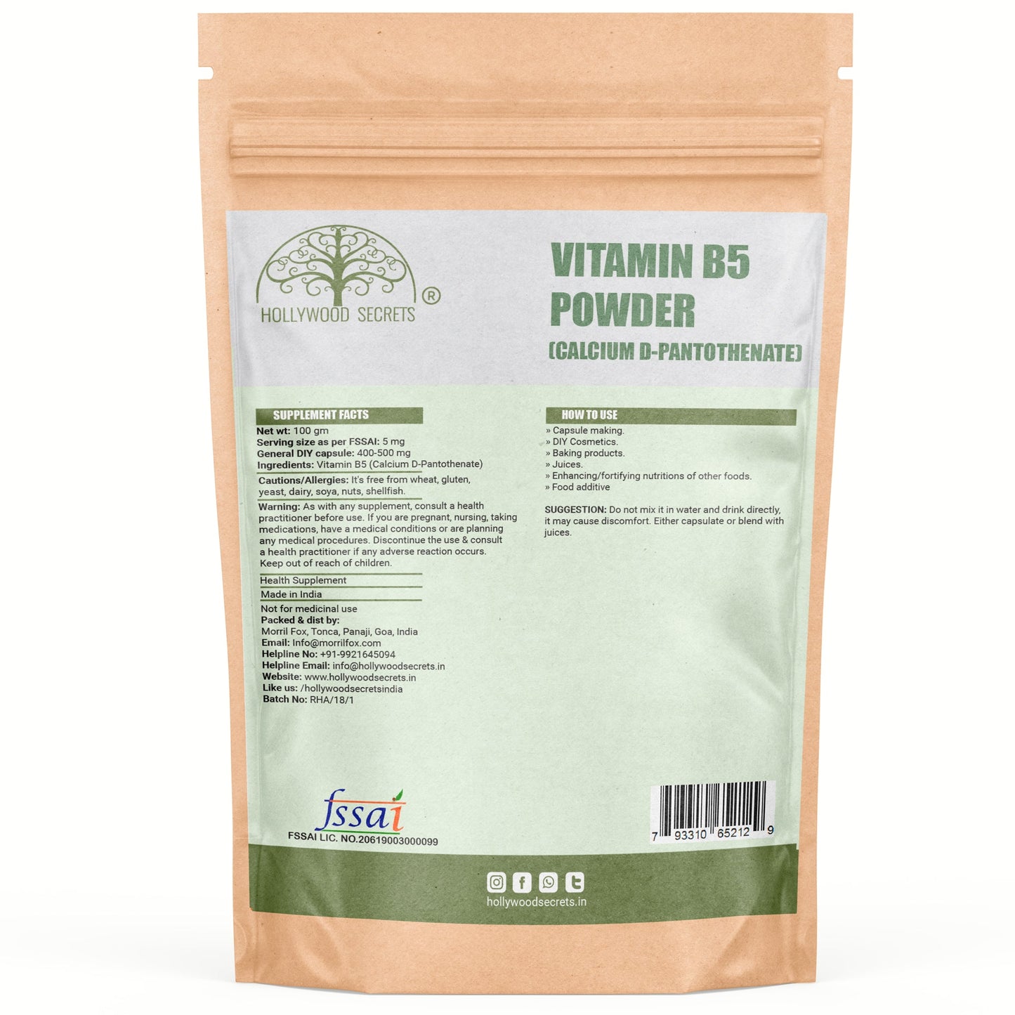 Provitamin B5 Calcium D Pantothenate powder 50gm Hollywood Secrets