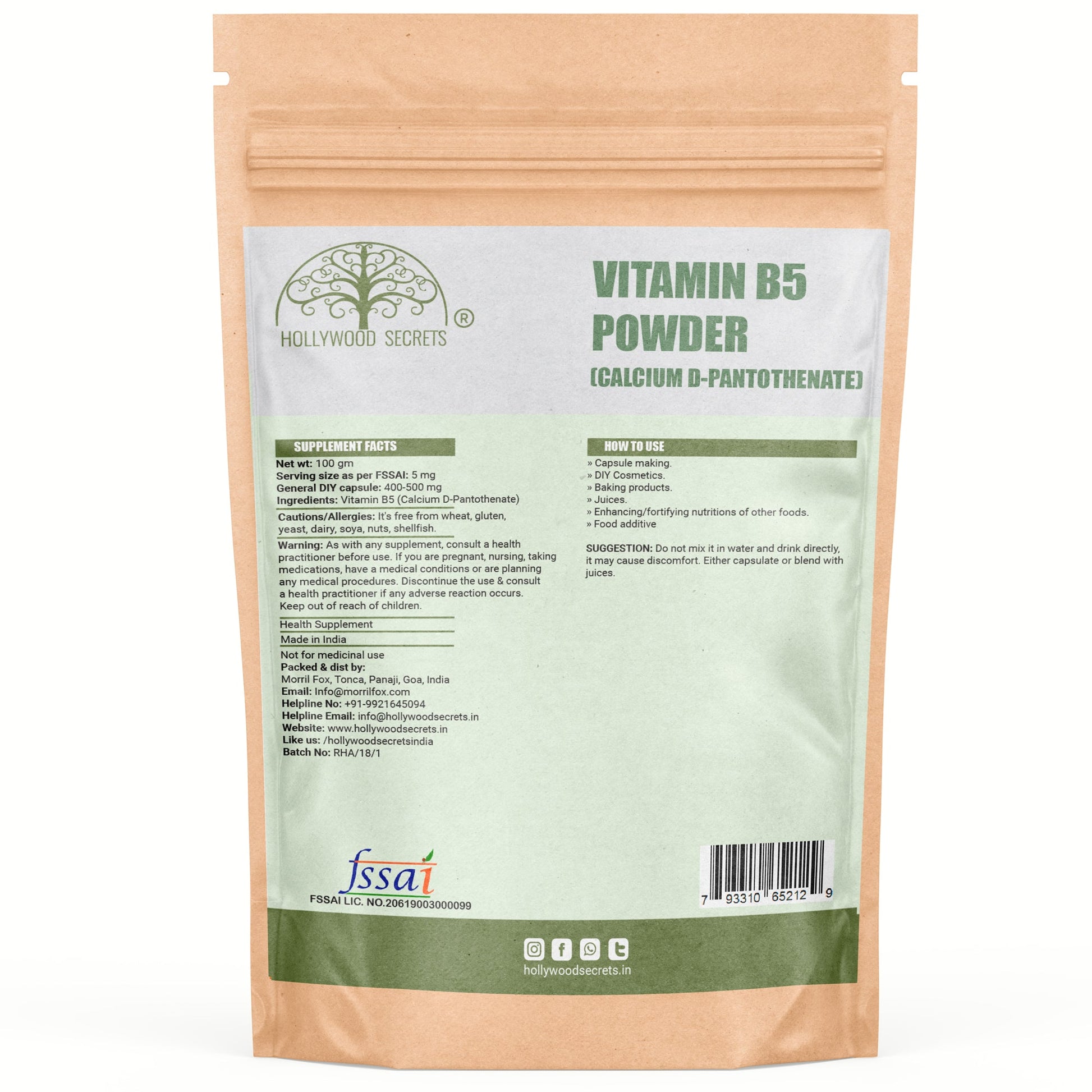 Provitamin B5 Calcium D Pantothenate powder 50gm Hollywood Secrets
