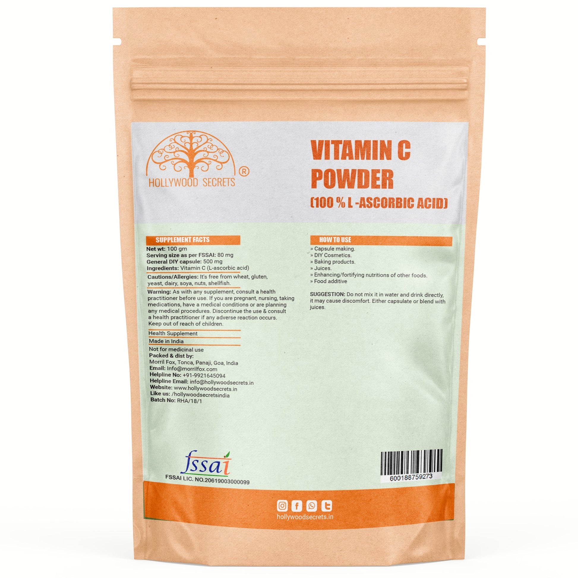 Vitamin C L-Ascorbic Powder 100gm Hollywood Secrets