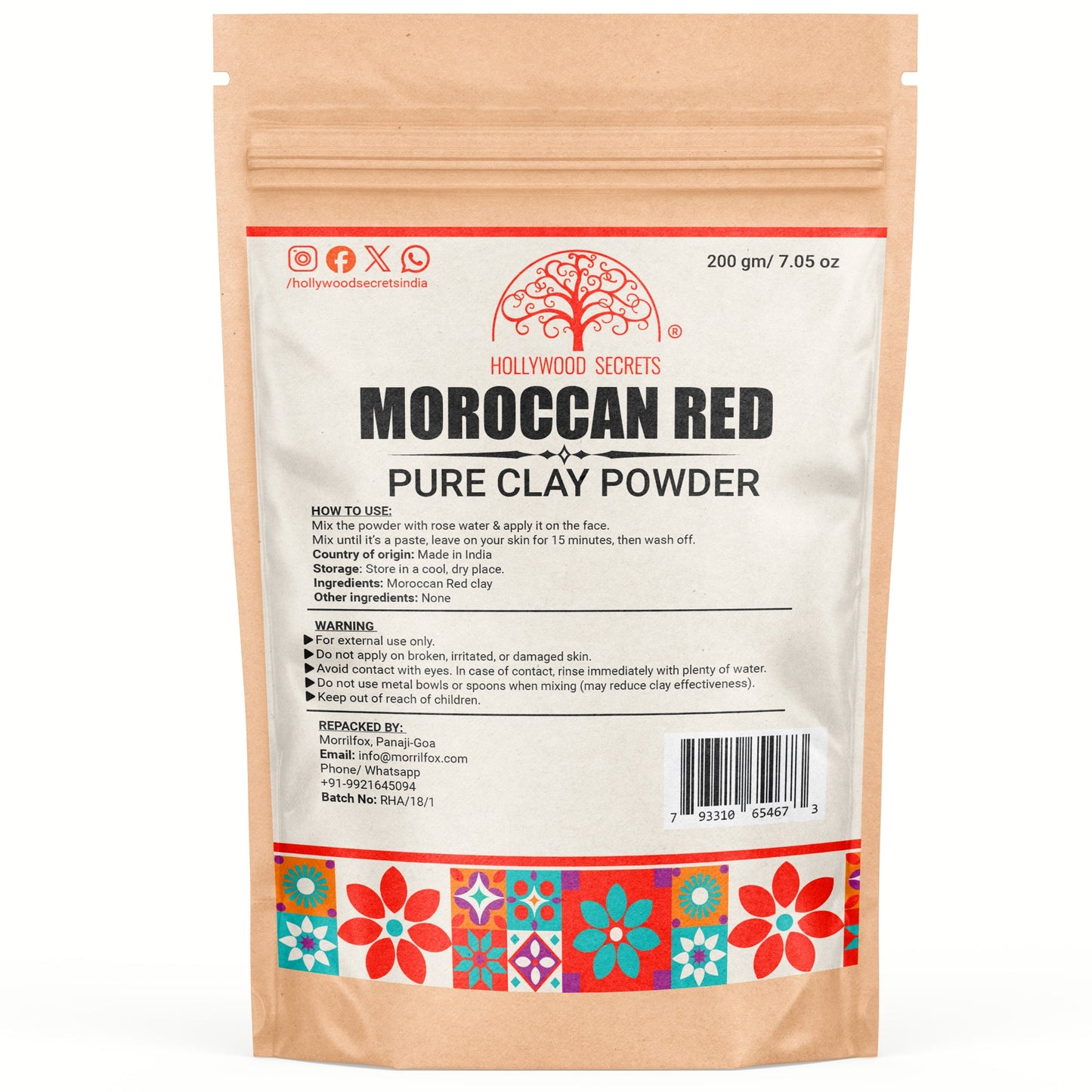 Pure Moroccan Red Clay 200Gms Hollywood Secrets